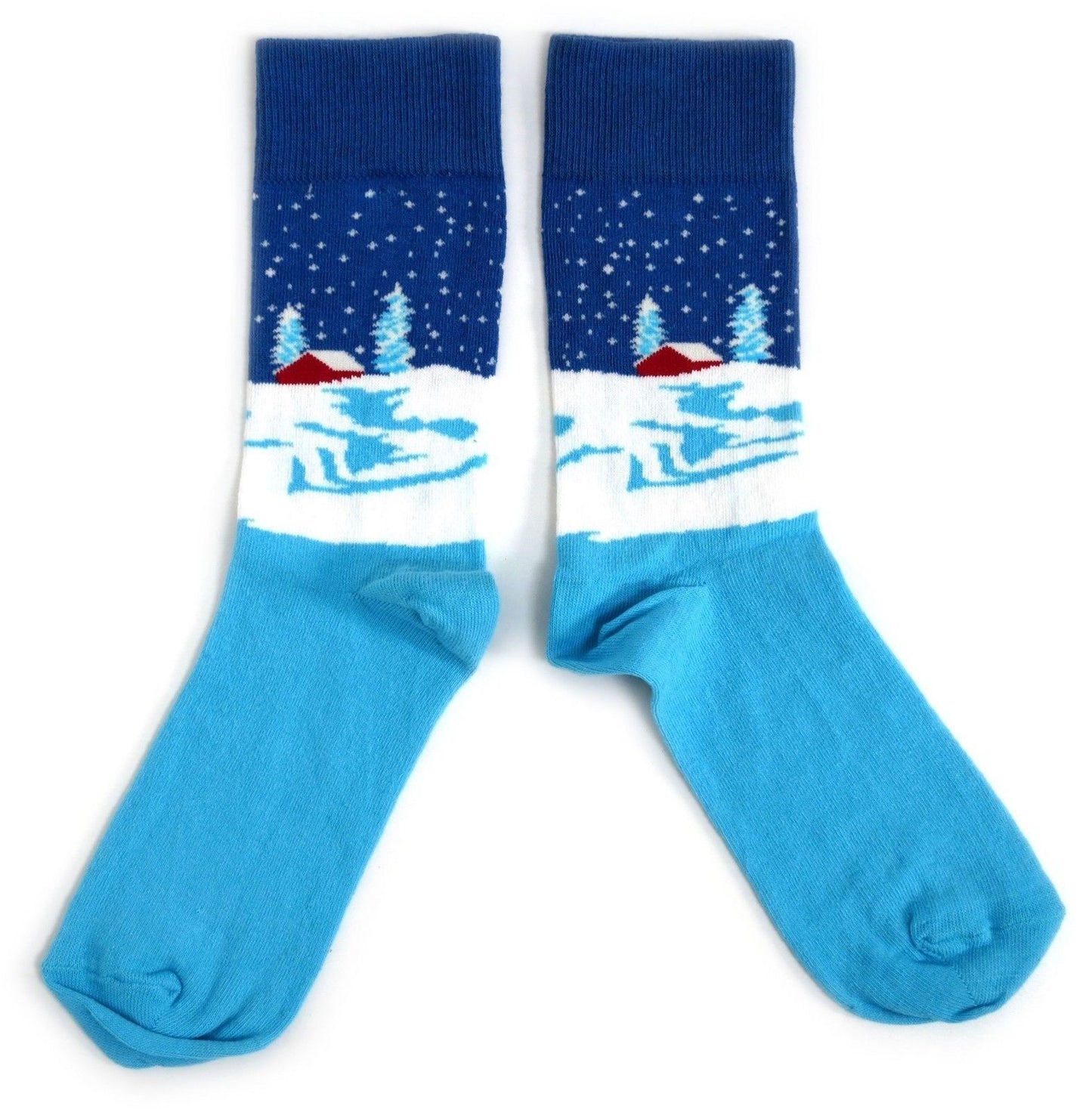 Winter Scene Cabin In Snow Blue Mens Socks
