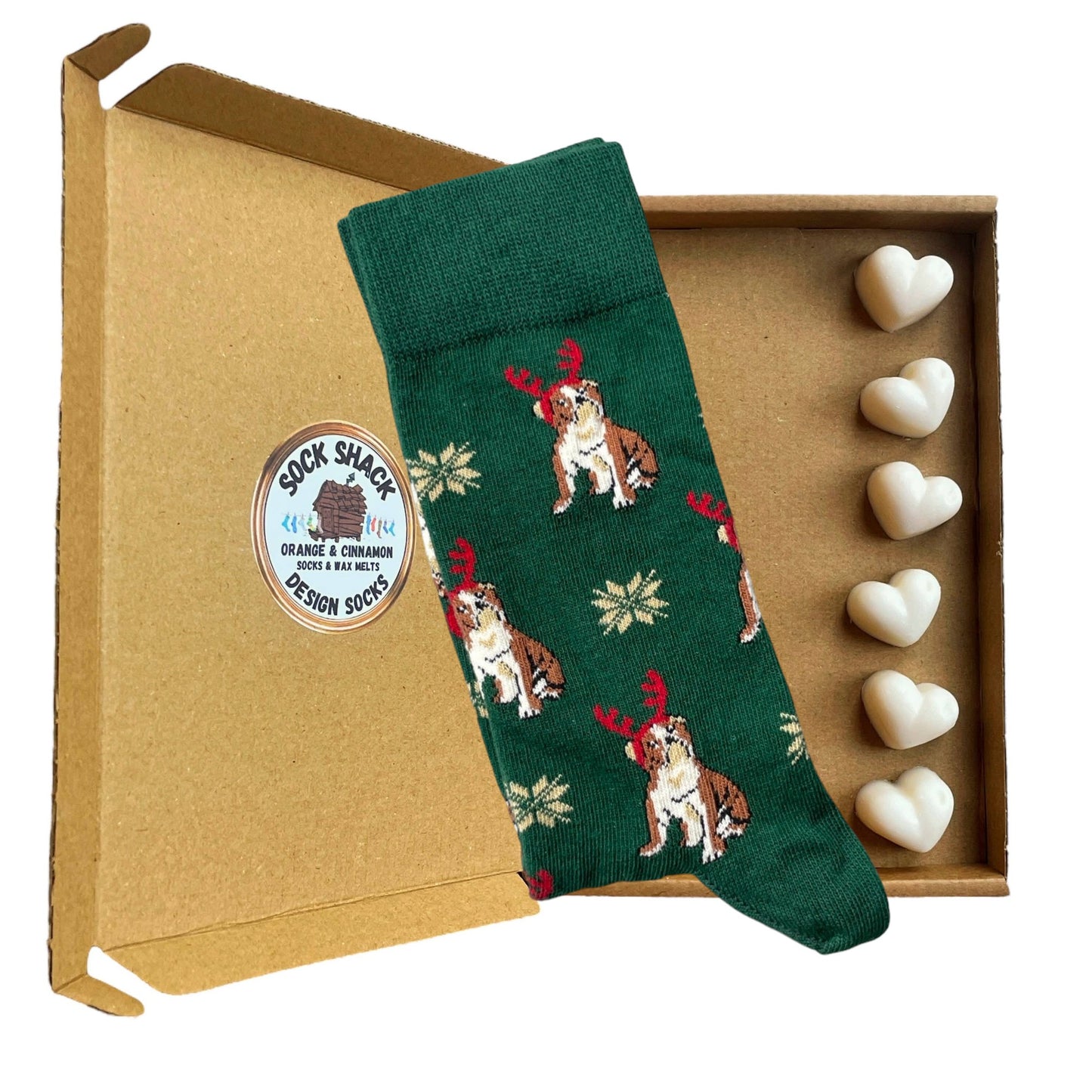 English Bulldog Snowflakes Christmas Mens Socks & Wax Melts Gift Set Choice Of Fragrance