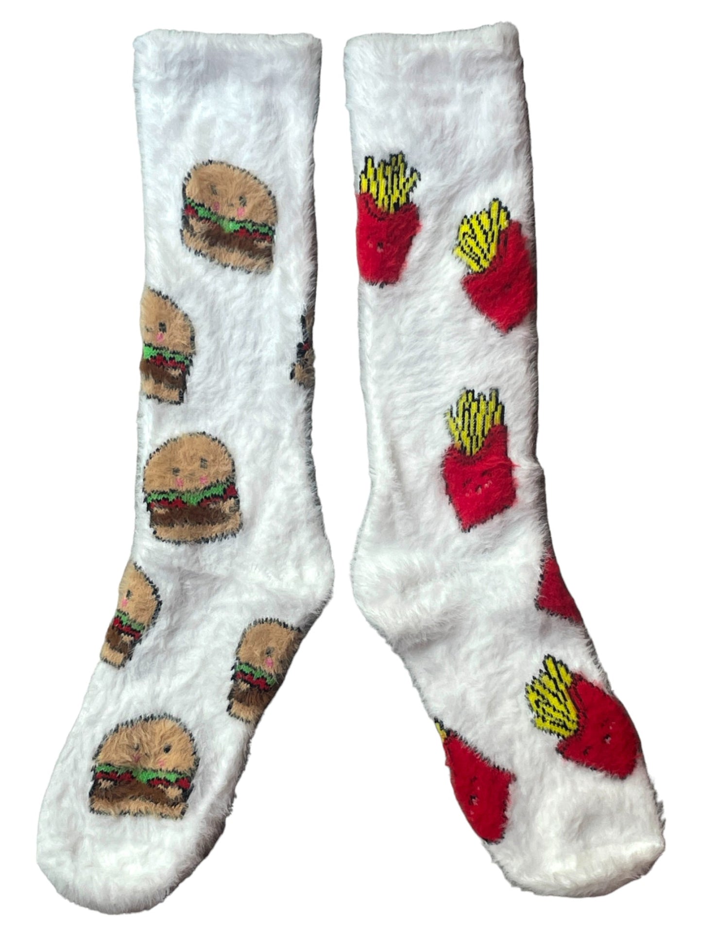 Kuschelige, flauschige Damensocken mit Burger- und Pommesmotiv
