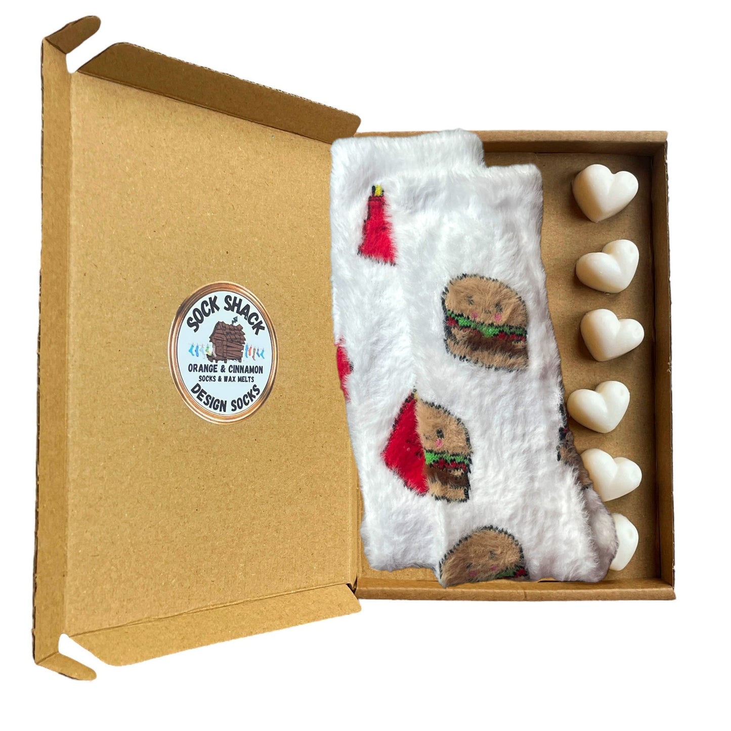 Cosy Fluffy Burger & Fries Odd Slouch Ladies Socks & Wax Melts Gift Set Choice Of Fragrance