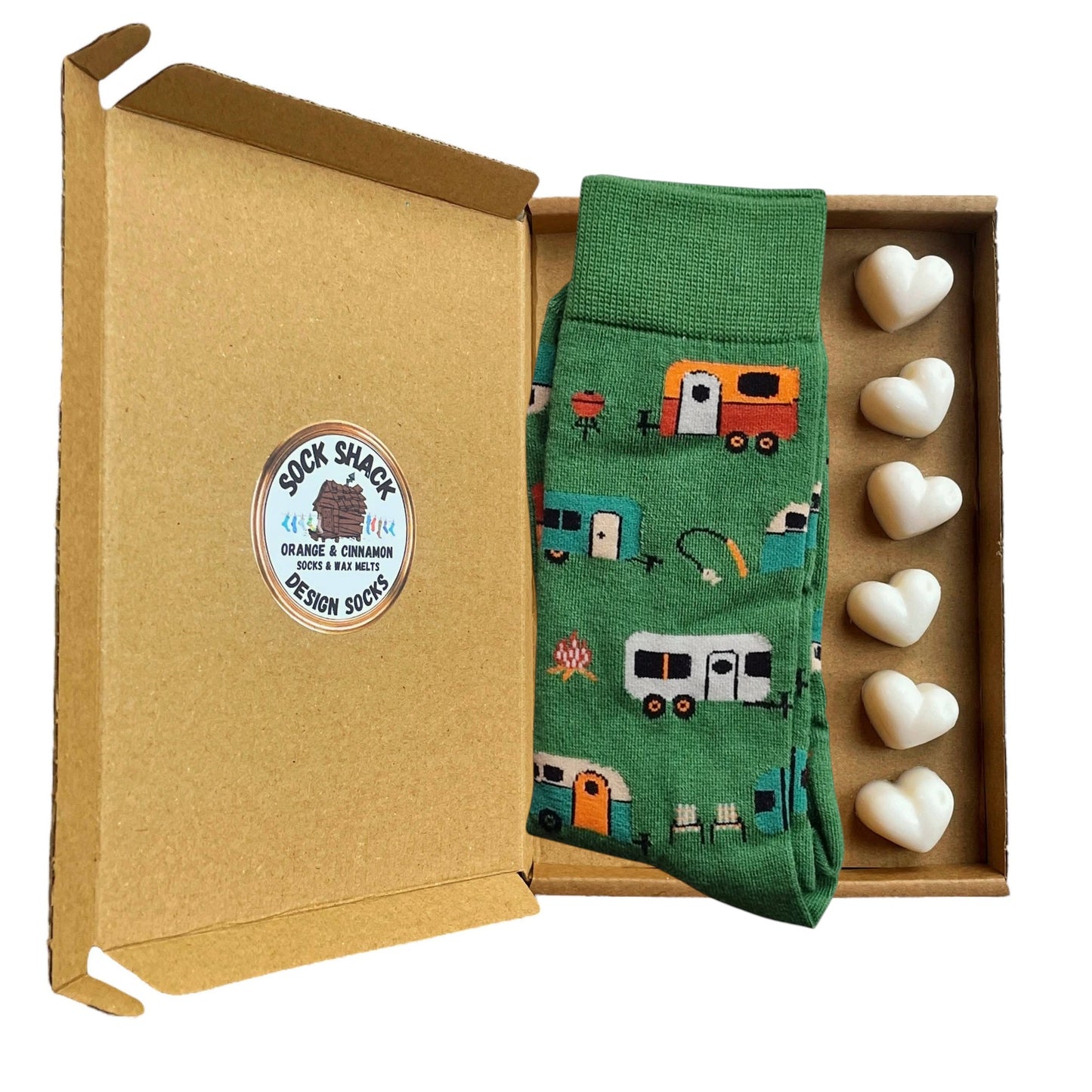 Happy Campers Caravan Caravanning Green Mens Socks & Wax Melts Gift Set
