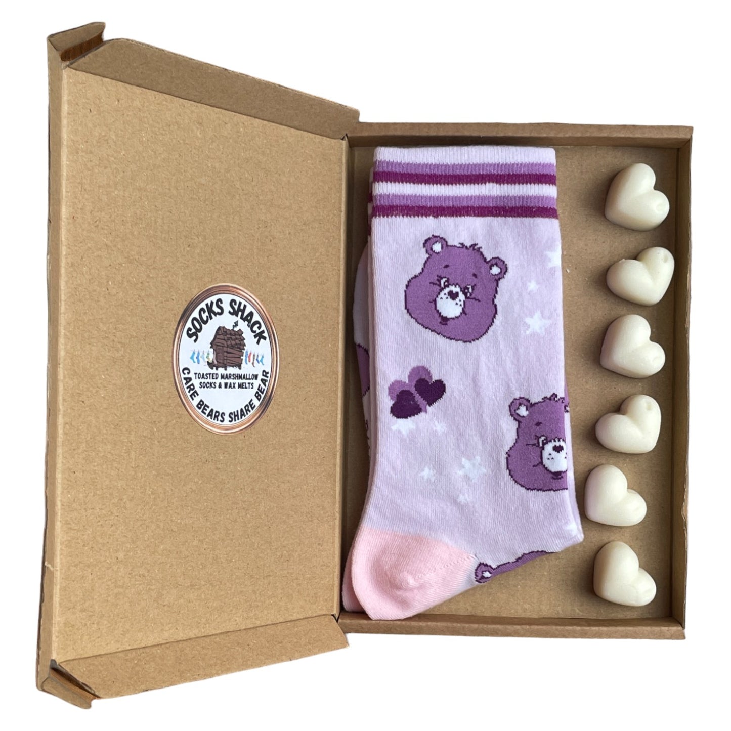 Geschenkset „Care Bears Share Bear“ für Damen, lila Socken und Duftwachs zum Schmelzen, Duftauswahl