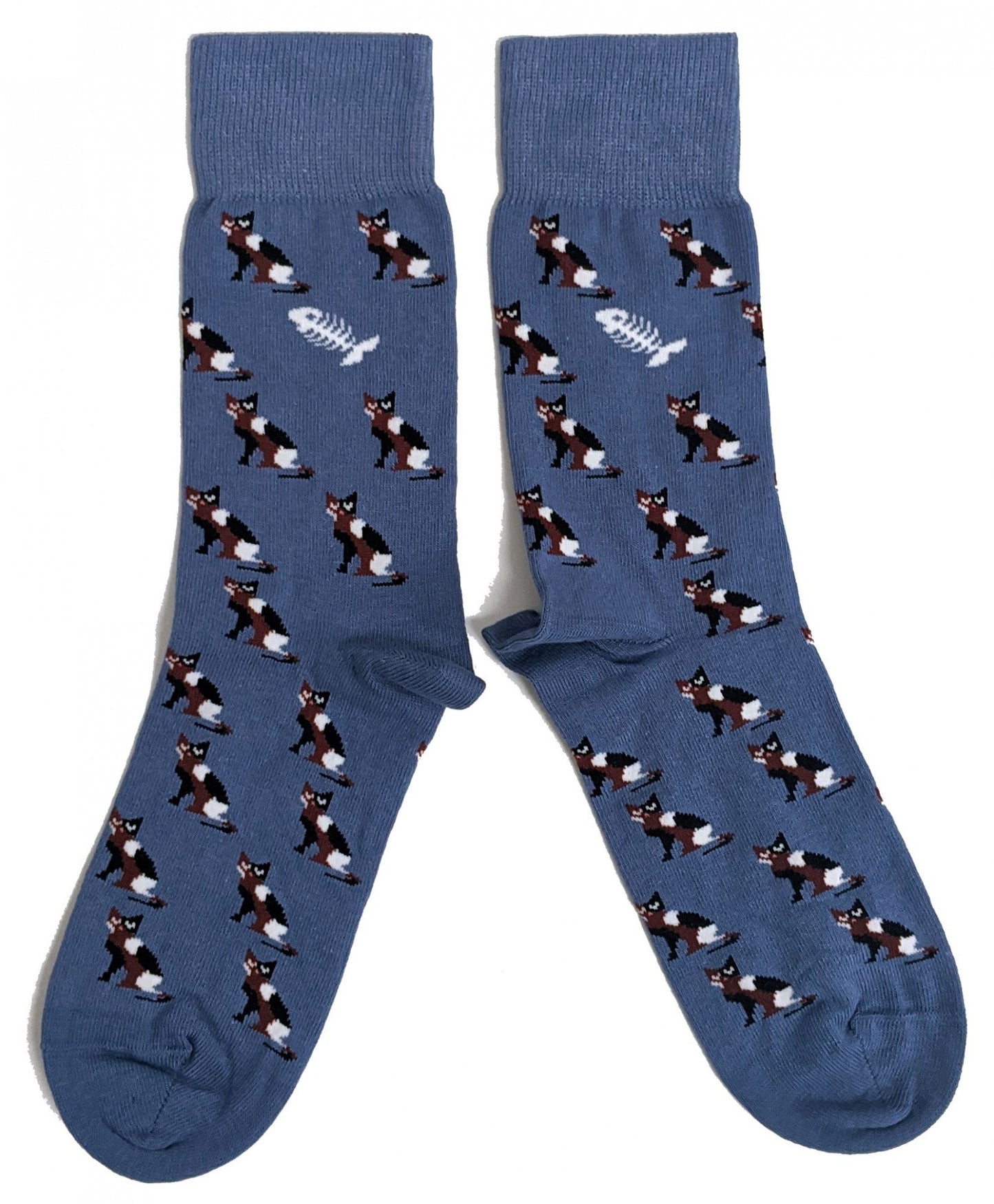 Herrensocken mit Katzen- und Fischgrätenmotiv, Blau