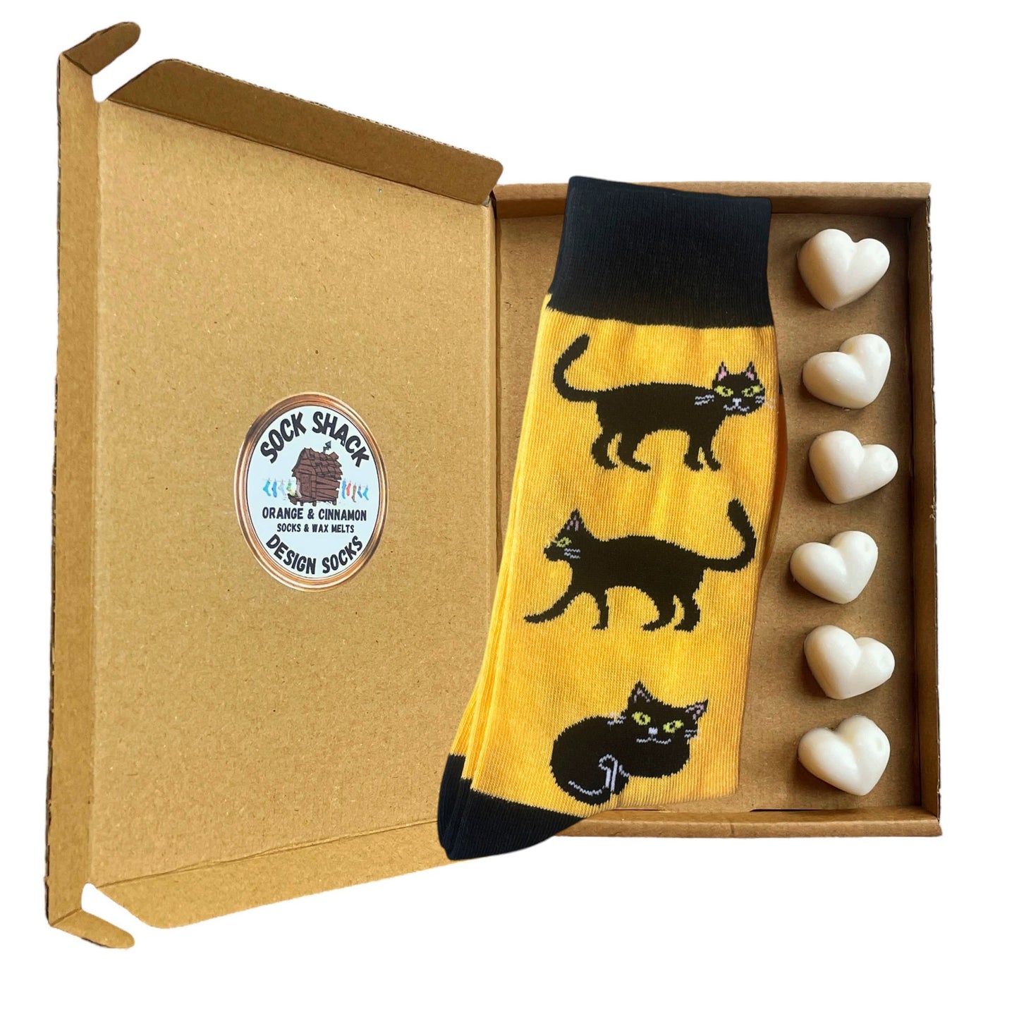 Geschenkset „Pounce Of Purring Lucky Black Cats“ für Herren, Socken und Duftwachs zum Schmelzen, Duftauswahl