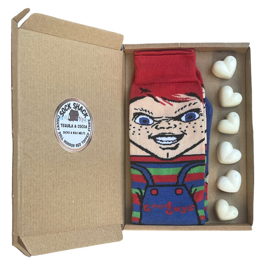 Chucky Doll Horror Red Topped Stripe Ladies Socks & Wax Melts Gift Set Choice Of Fragrance