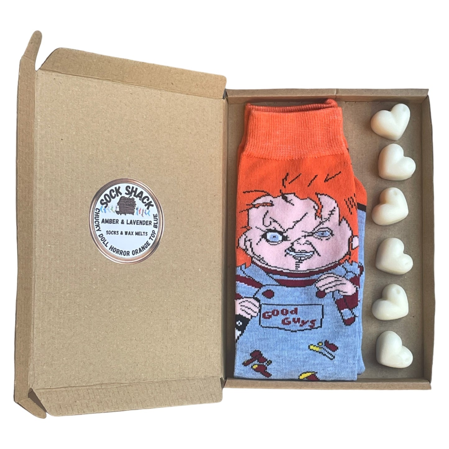 Geschenkset mit Chucky-Puppe für Herren, Horror-Socken mit orangefarbener Spitze und Duftwachs für Blautöne, Duftauswahl