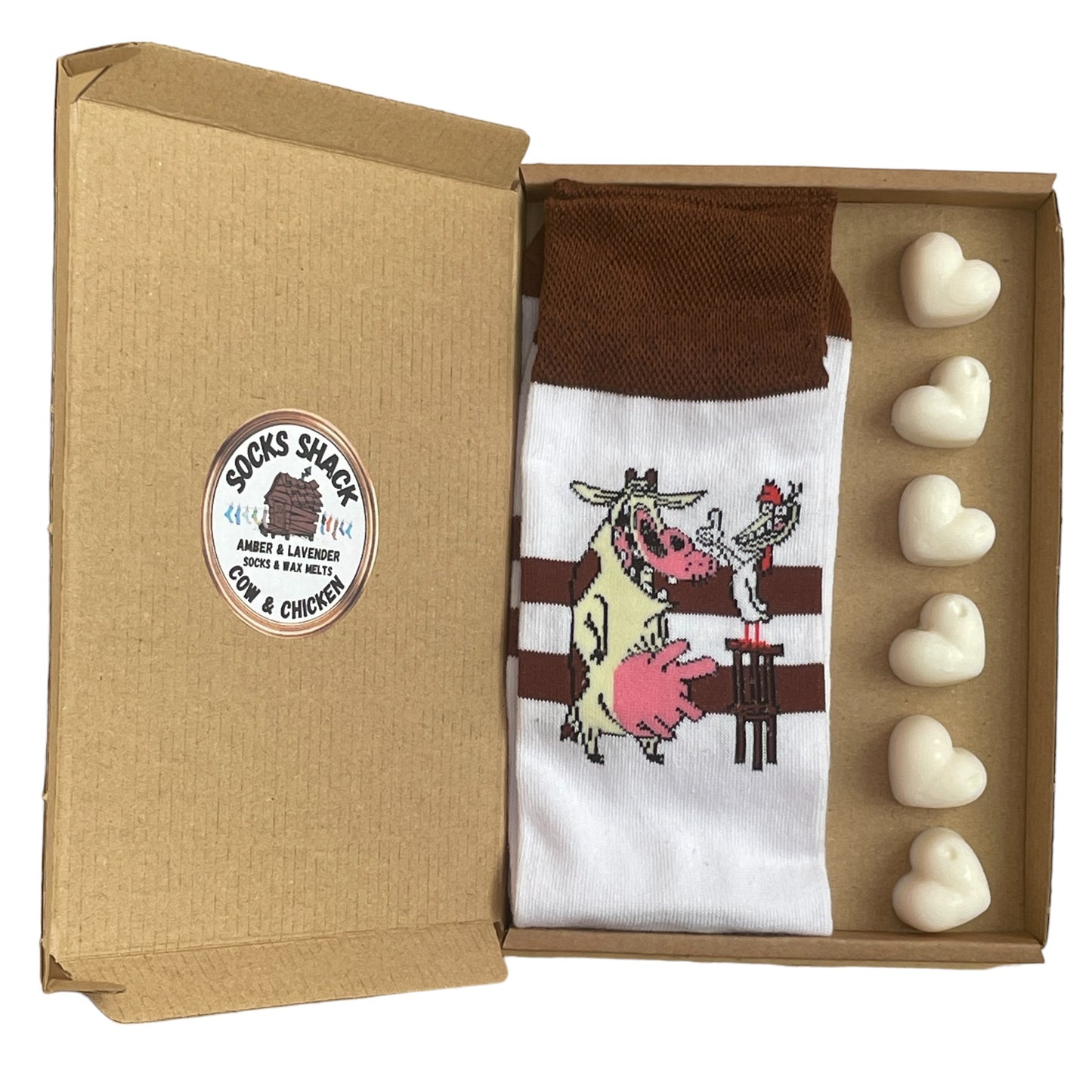 Geschenkset mit weißen Socken und Wachsschmelzen für Herren mit Kuh- und Hühnermotiv, Duftauswahl