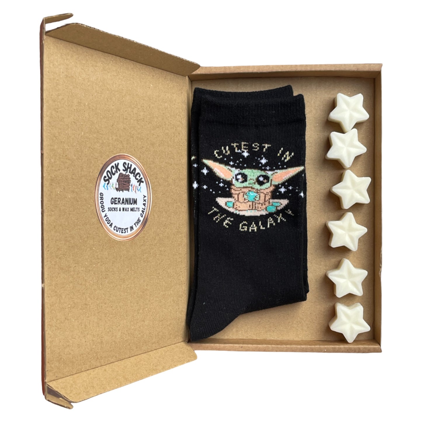 Geschenkset mit Socken und Duftwachs für Damen von Grogu Yoda „Cutest In The Galaxy“ mit Sternen, Duftauswahl