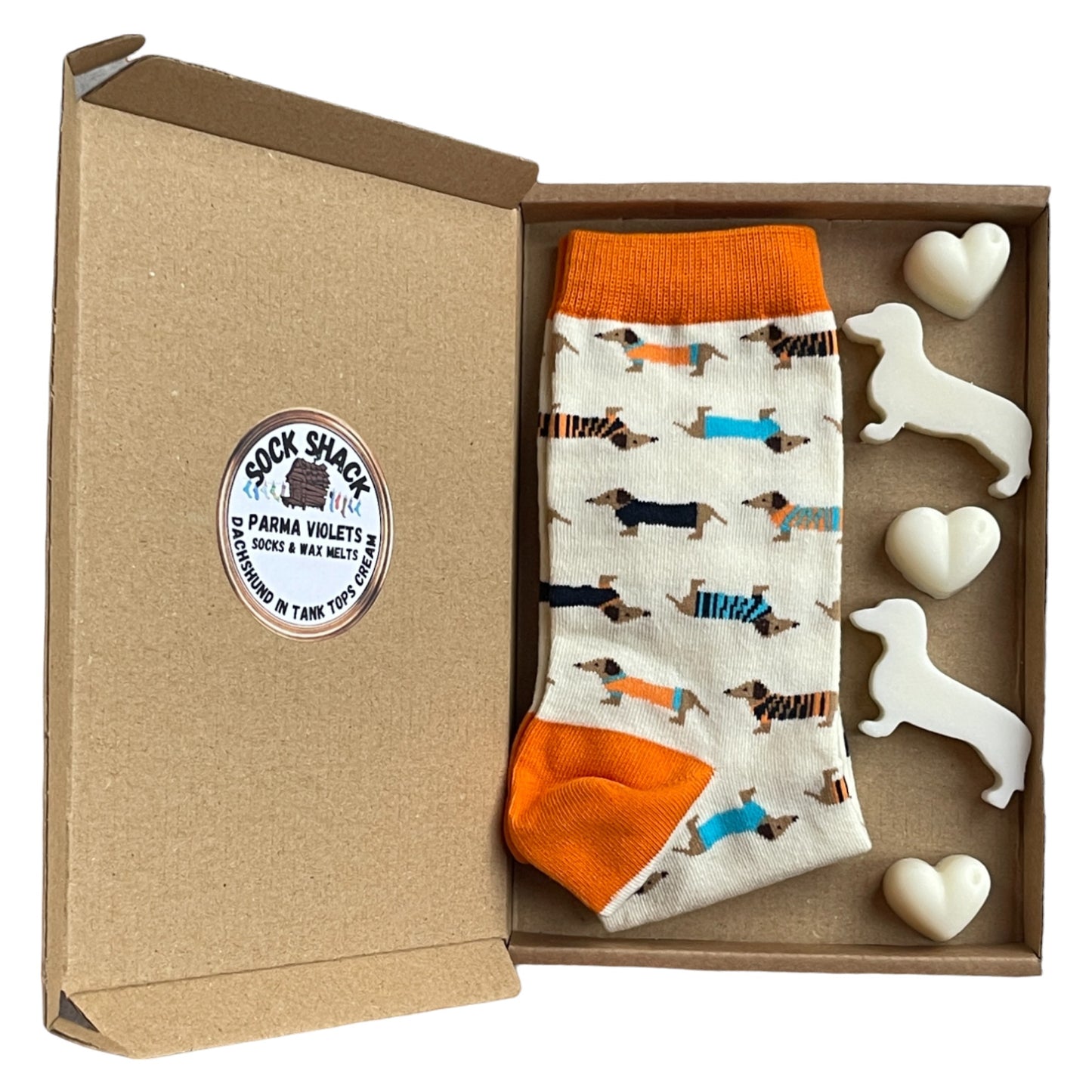 Tanktops für Damen mit Dackelmotiv, cremefarbene Socken und Duftwachs, Geschenkset mit Duftauswahl