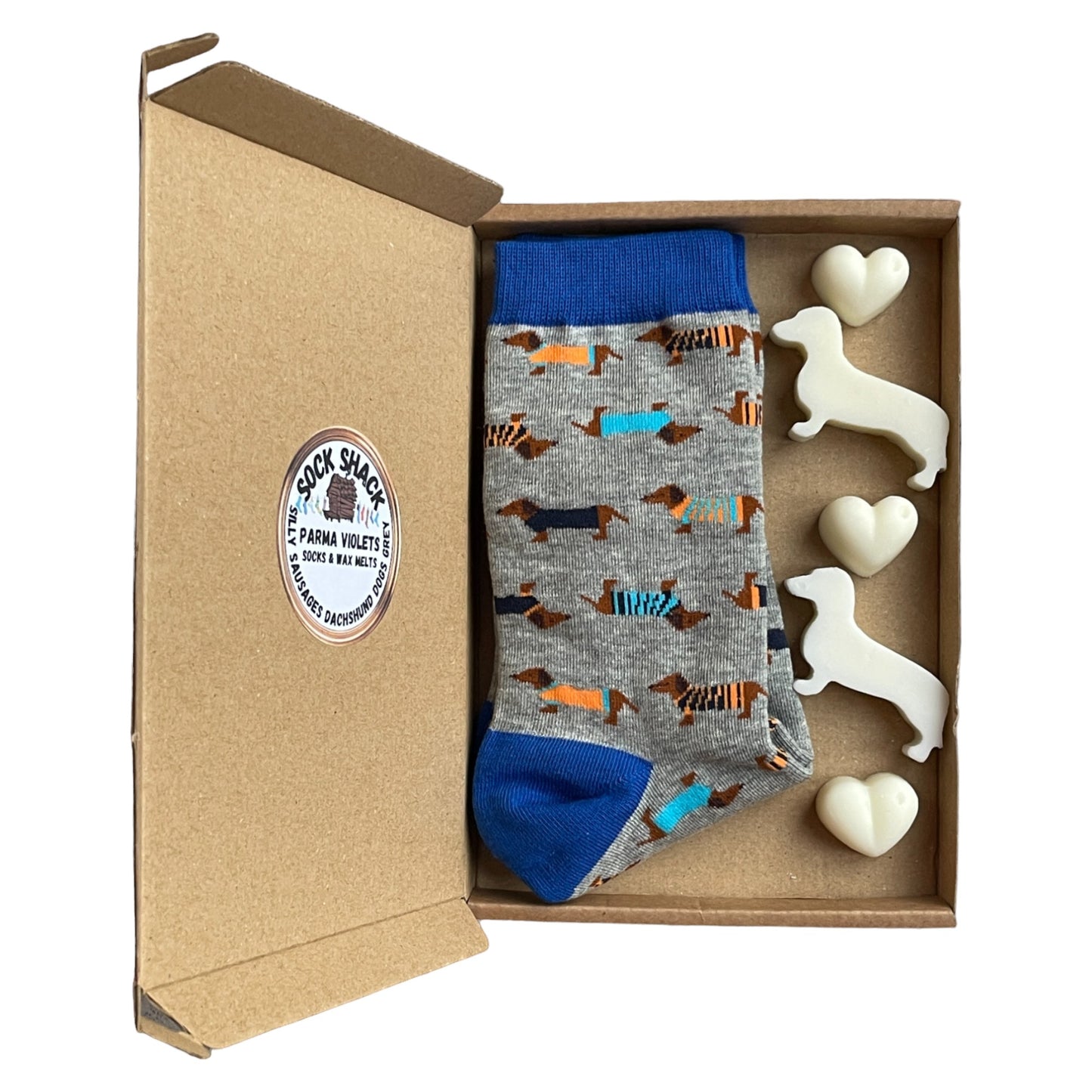 Geschenkset „Silly Sausages“ für Damen, Dackel, graue Socken und Duftwachs, Duftauswahl