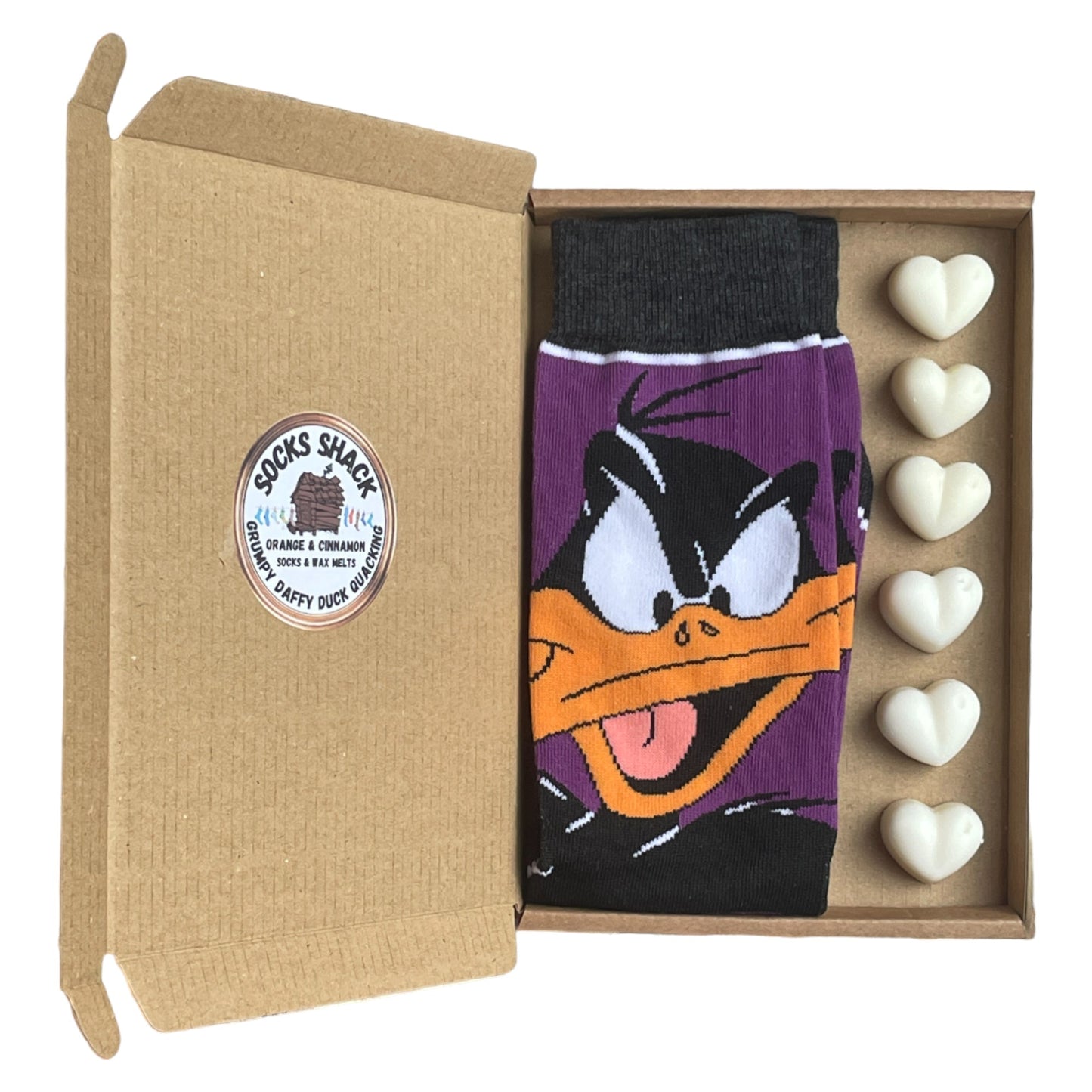 Geschenkset für Herren mit Grumpy Daffy Duck Quacking Cartoon-Socken und Duftwachs zur Duftauswahl