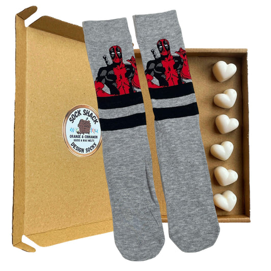 Deadpool Grey Wide Stripe Mens Socks & Wax Melts Gift Set Choice Of Fragrance