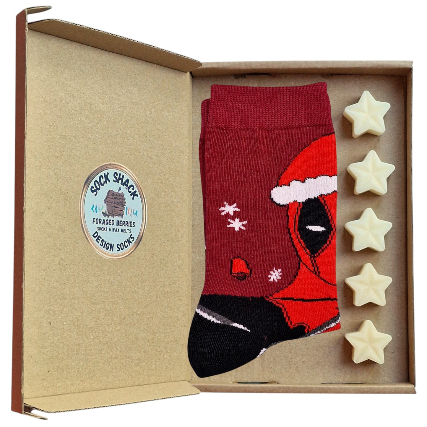 Happy Deadpool In Santa Hat Snowflakes Mens Socks & Wax Melts Gift Set