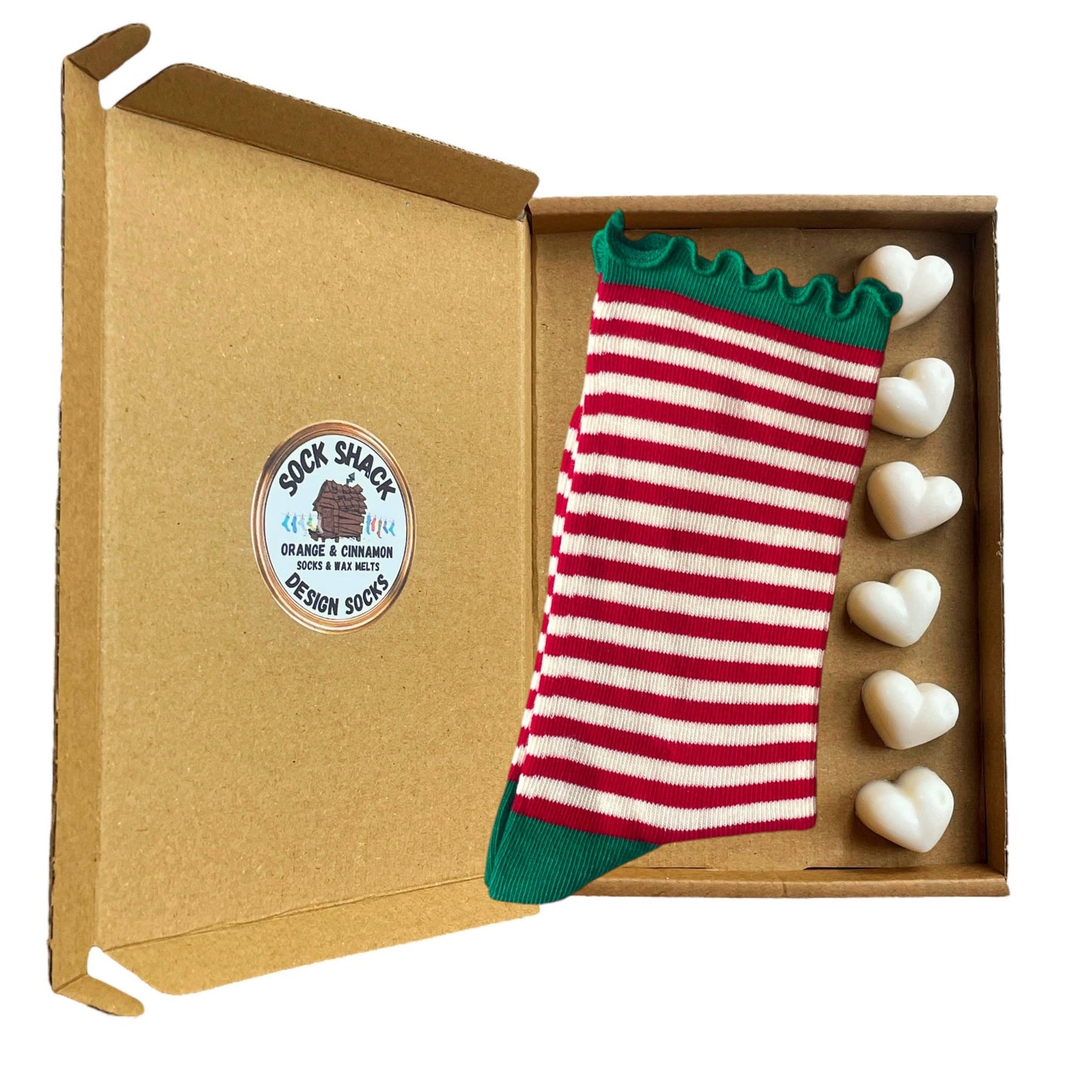 Geschenkset mit Weihnachtselfen-Motiv für Damen, rot-grün gestreifte Rüschensocken und Duftwachs zum Schmelzen, Duftauswahl