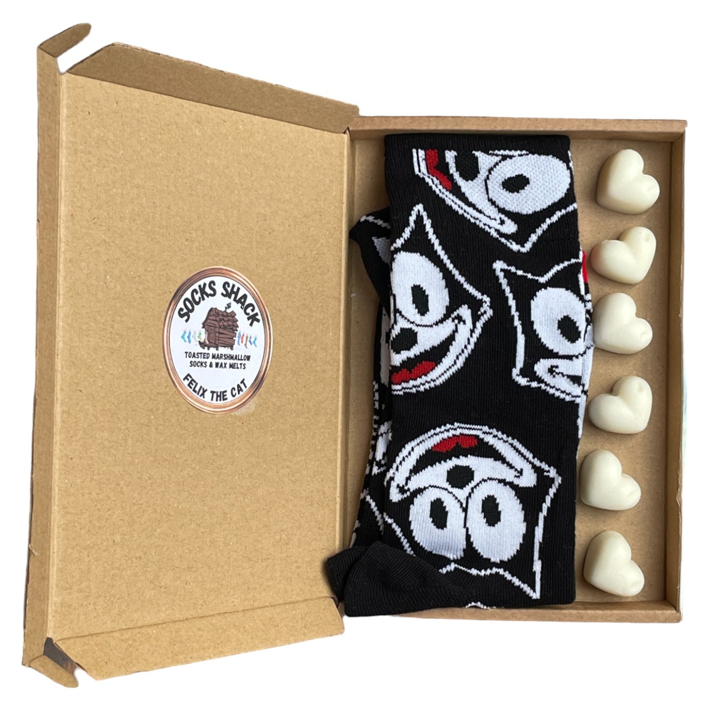 Geschenkset „Felix die Katze“ für Damen, schwarze Multiface-Socken und Duftwachs zum Schmelzen, Duftauswahl