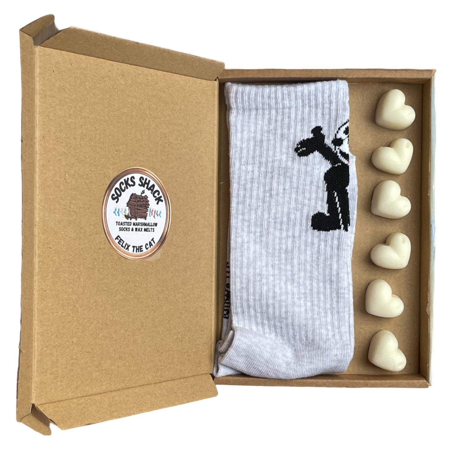 Geschenkset „Felix the Cat“ für Damen, klassische graue Socken und Duftwachs, Duftauswahl