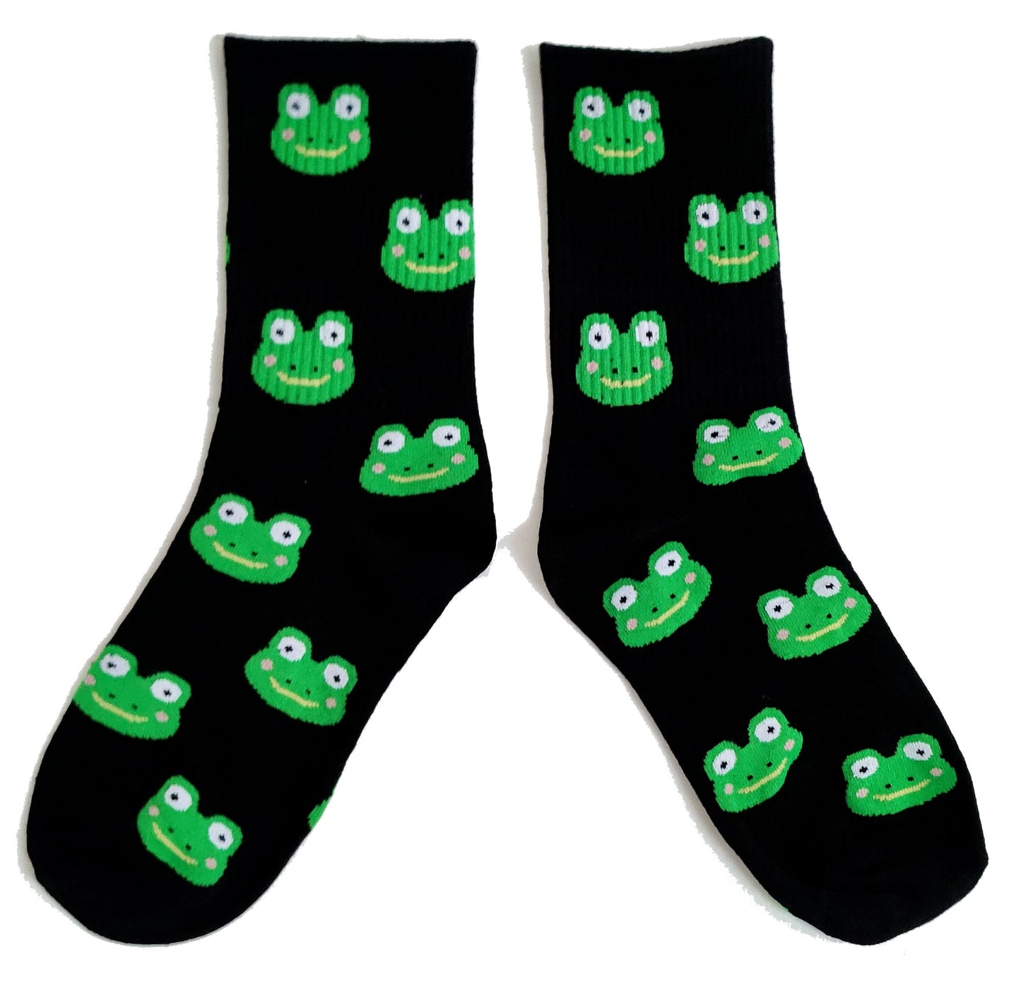 Black Ribbed Multiple Smiling Frog Face Ladies Socks