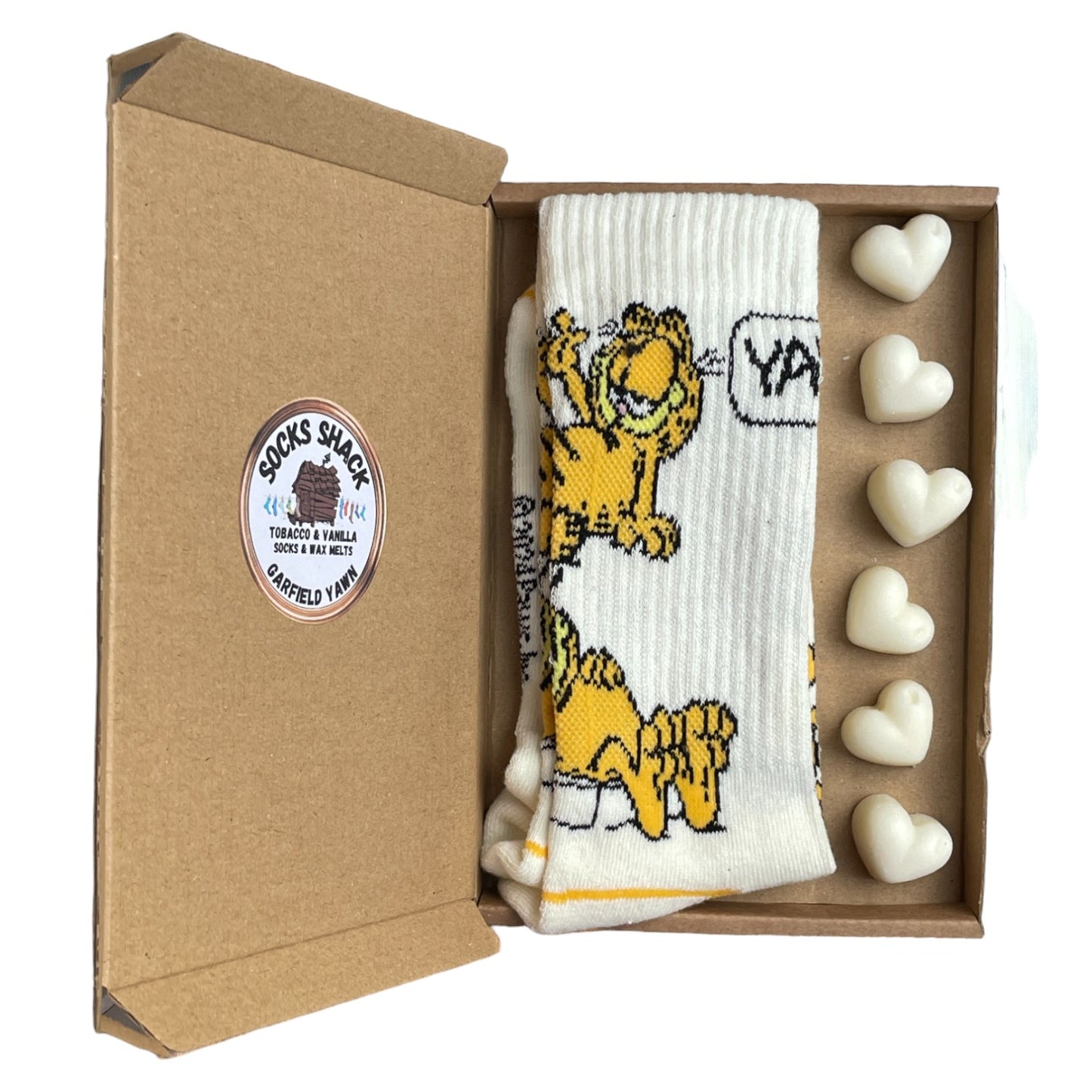 Garfield 'Yawn' White Ribbed Mens Socks & Wax Melts Gift Set Choice Of Fragrance