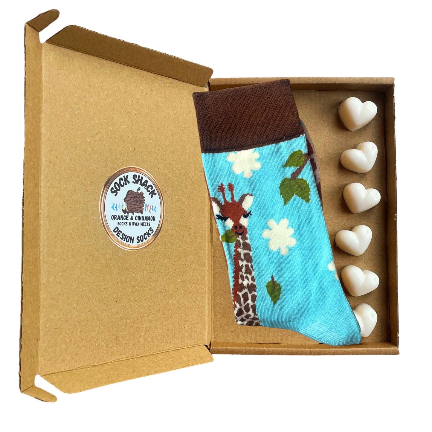 Geschenkset für Herren mit Giraffe, Blatt fressend und gemusterten Socken und Wachsschmelzen, Duftauswahl