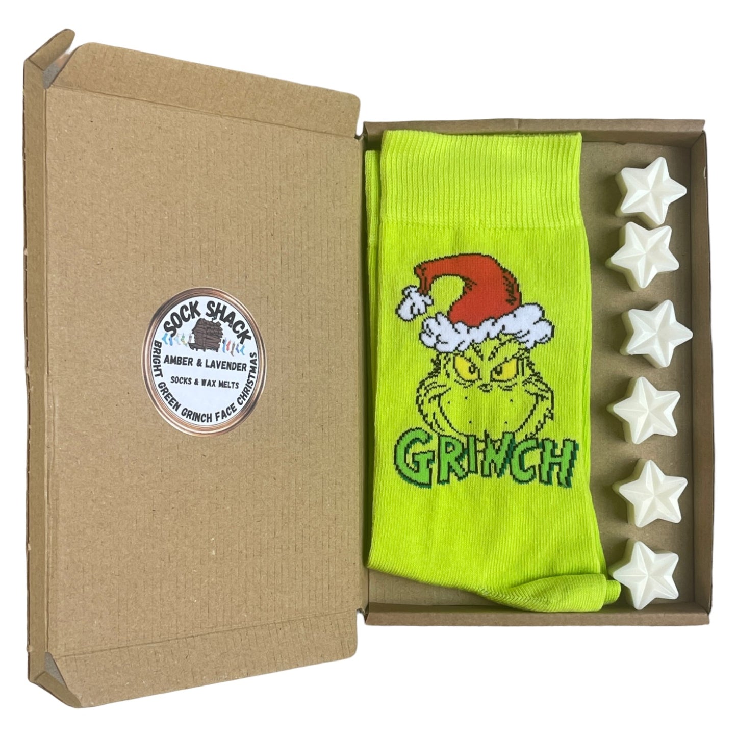 Weihnachtssocken für Herren mit Grinch-Gesicht, leuchtend grünes Geschenkset mit Duft nach Wahl