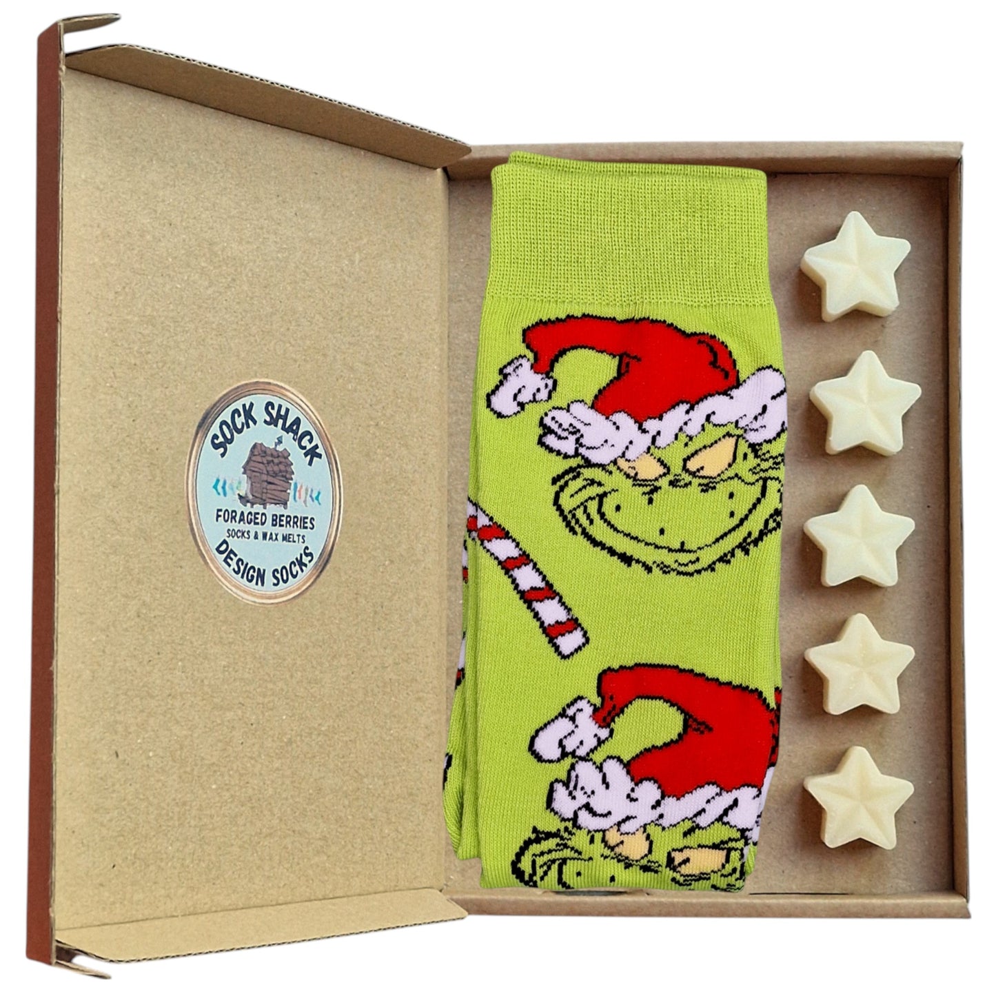 Green Grinch Faces Candy Canes Christmas Festive Mens Socks & Wax Melts Gift Set