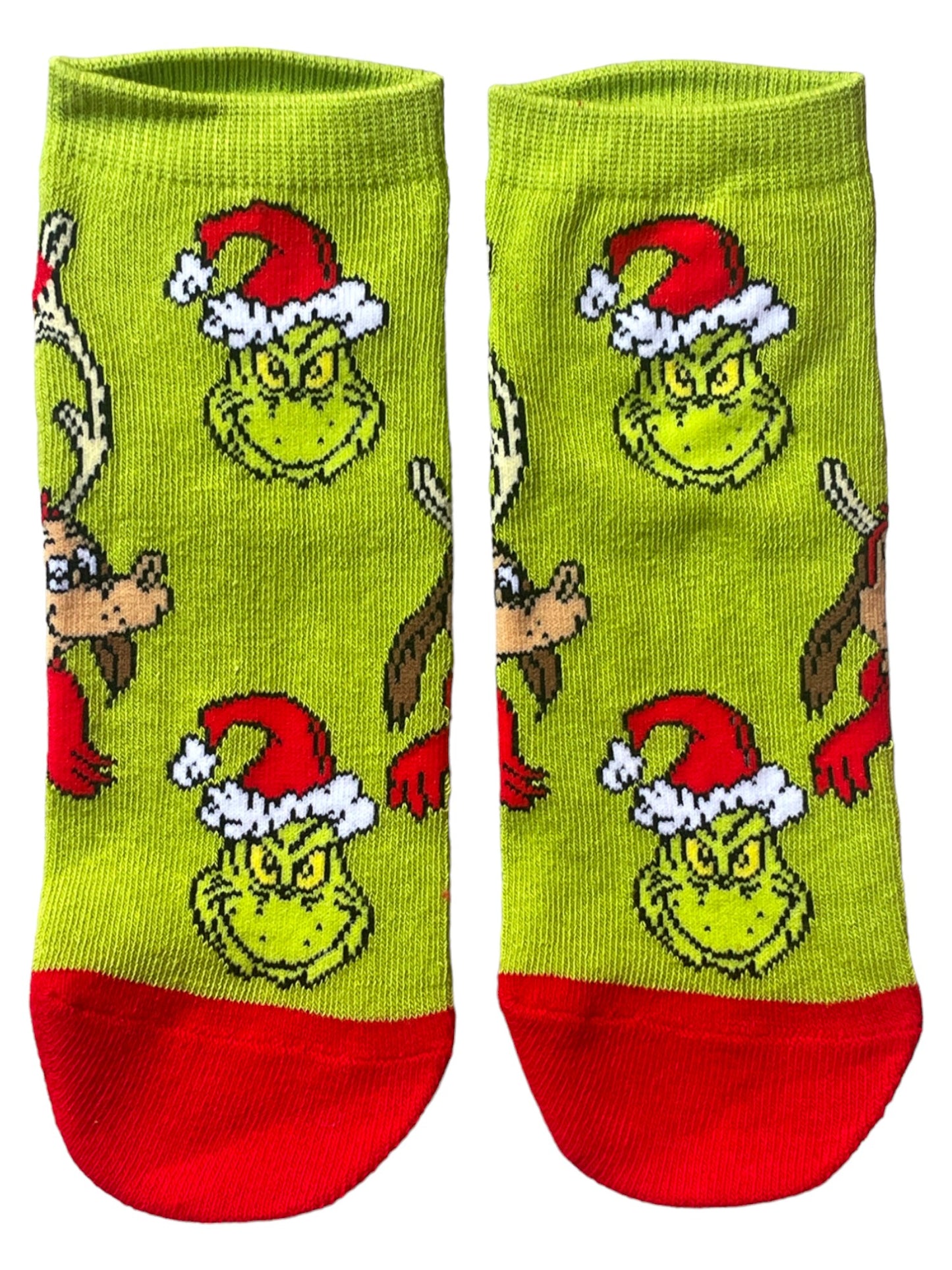 Weihnachtssocken für Damen mit Grinch-Köpfen und grünen Schuheinlagen