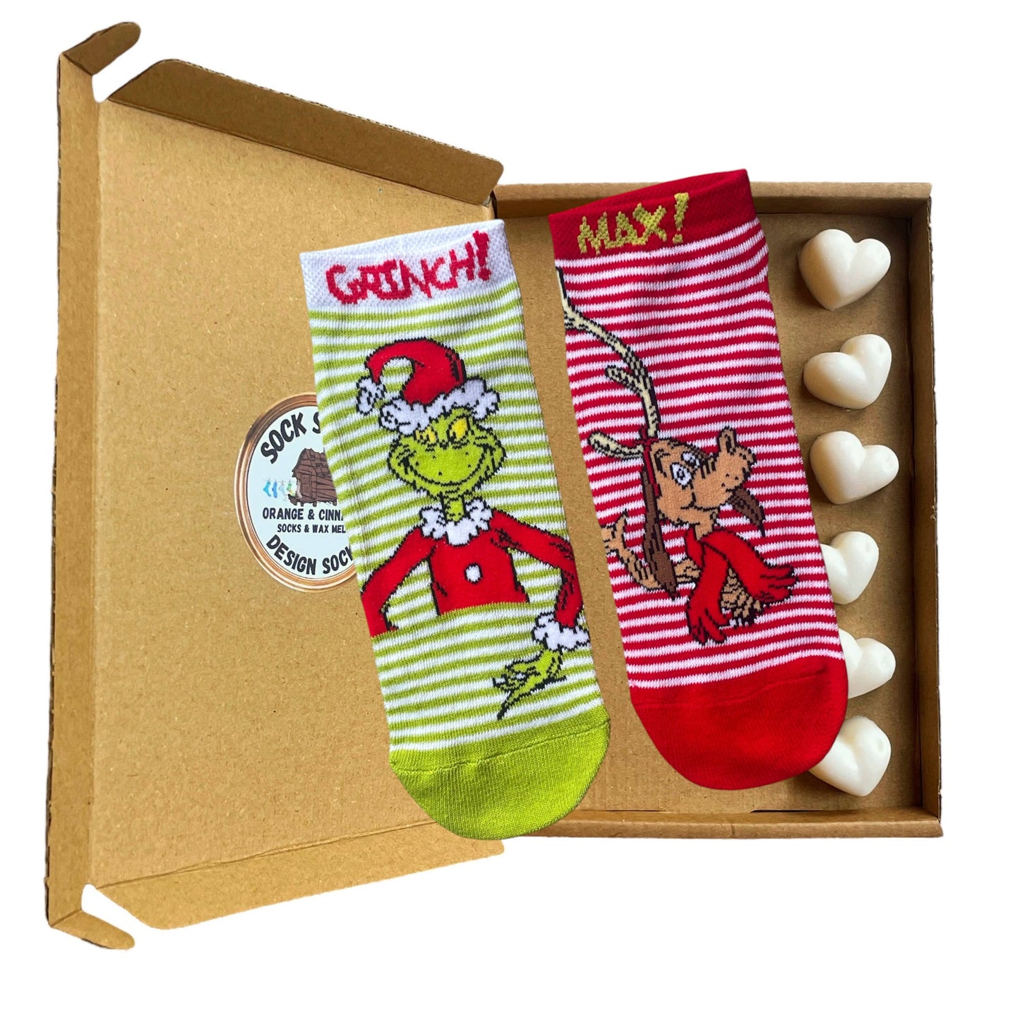 Christmas Grinch Striped Odd Shoe Liner Ladies Socks & Wax Melts Gift Set Choice Of Fragrance