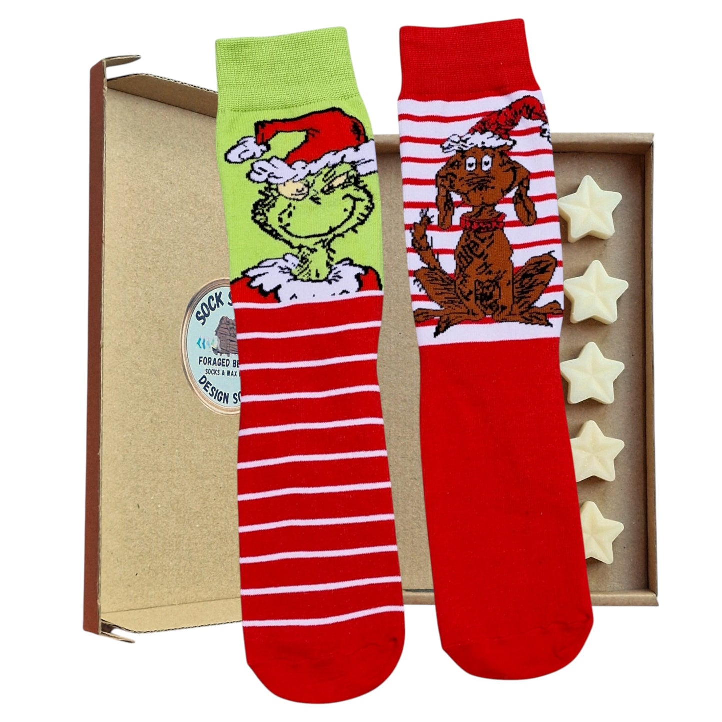 Grinch & Max Dog Red Green Striped Odd Christmas Mens Socks & Wax Melts Gift Set