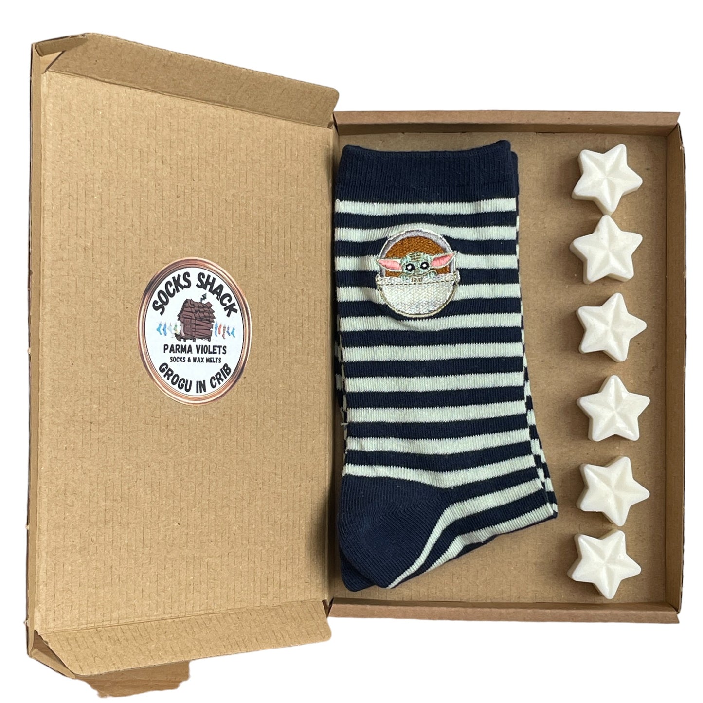 Star Wars Grogu In Crib Striped Ladies Socks & Wax Melts Gift Set Choice Of Fragrance