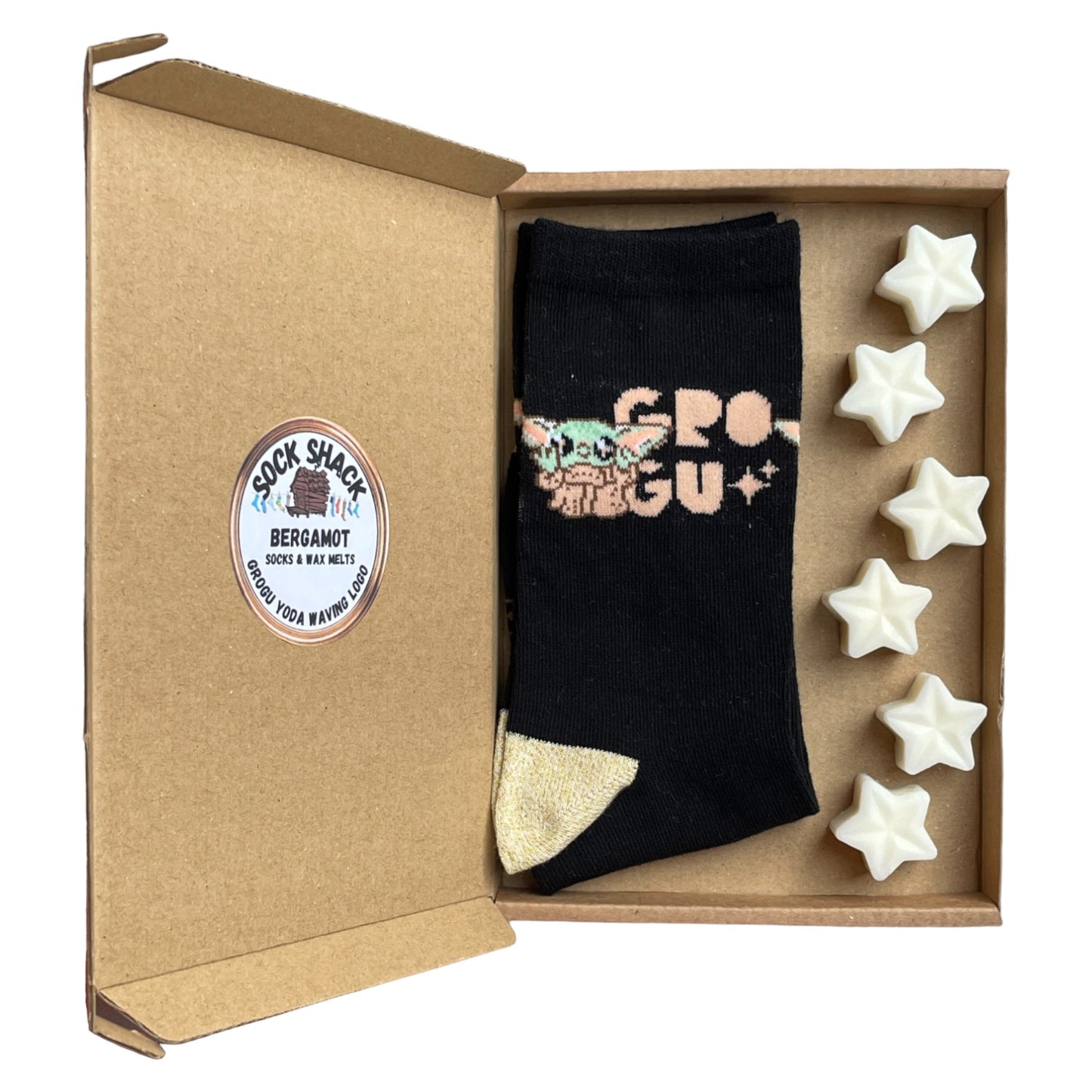 Geschenkset für Damen mit Grogu Yoda, winkenden Sternen, goldenen Absätzen und Duftwachs zum Schmelzen