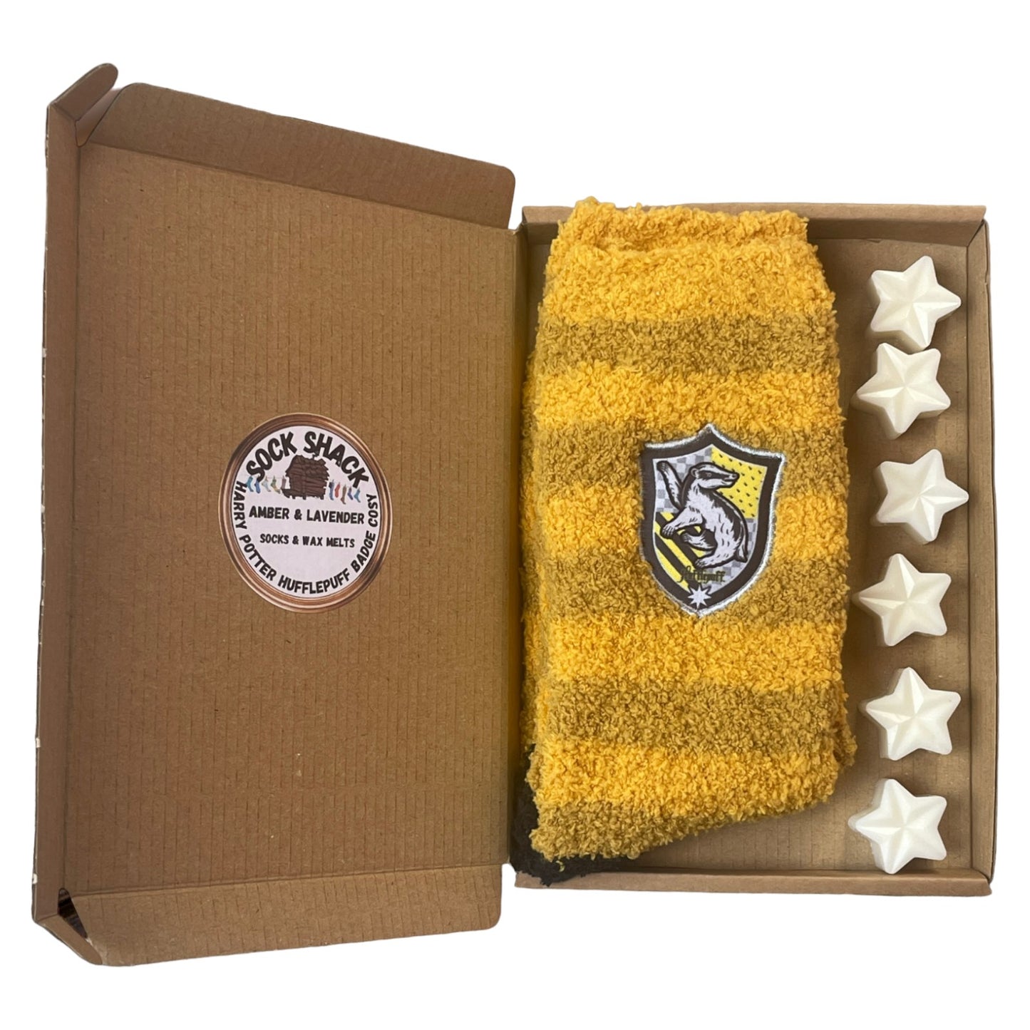 Kuschelige Socken für Herren mit Harry Potter Hufflepuff-Abzeichen und Duftwachs für die Duftrichtung „Schmelz“ Duftauswahl