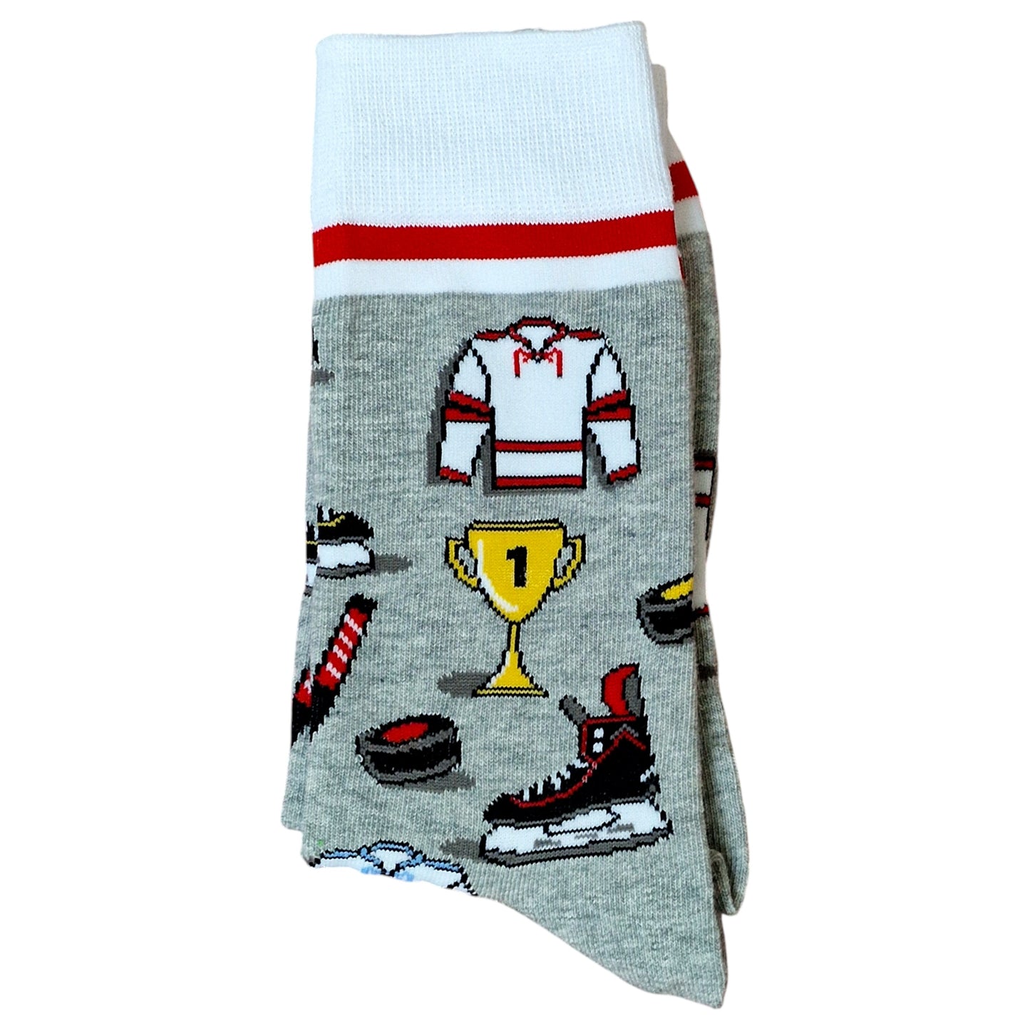 Ice Hockey Glory: Sticks, Pucks & Trophies Mens Grey White Cuffs Socks
