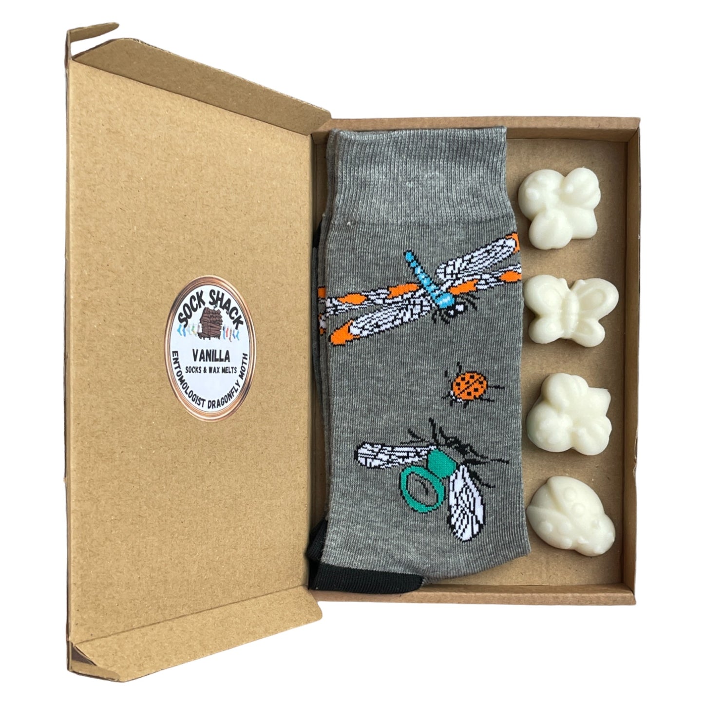 Herren Entomologe Libelle Marienkäfer Motte Socken & Wachs schmilzt Geschenkset Duftauswahl