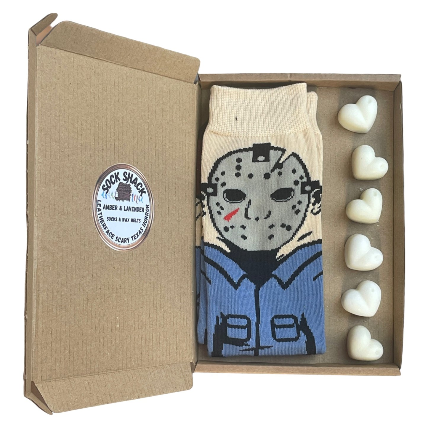 Geschenkset mit Socken und Duftwachs für Herren mit gruseligem Jason Voorhees-Horror-Design, Duftauswahl