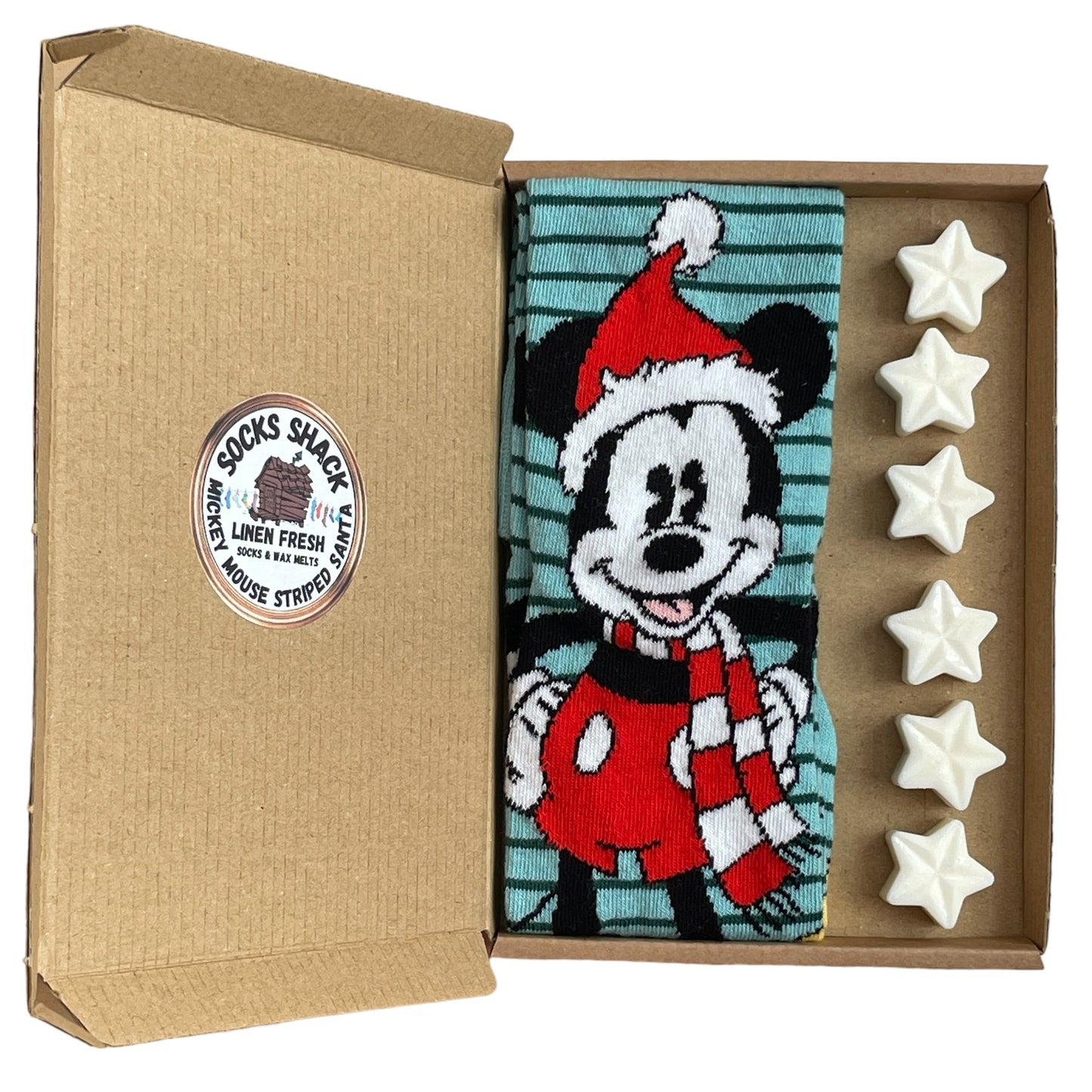 Geschenkset mit Weihnachtsmannssocken und Duftwachs für Herren mit grünen Streifen und Mickey Mouse, Duftauswahl