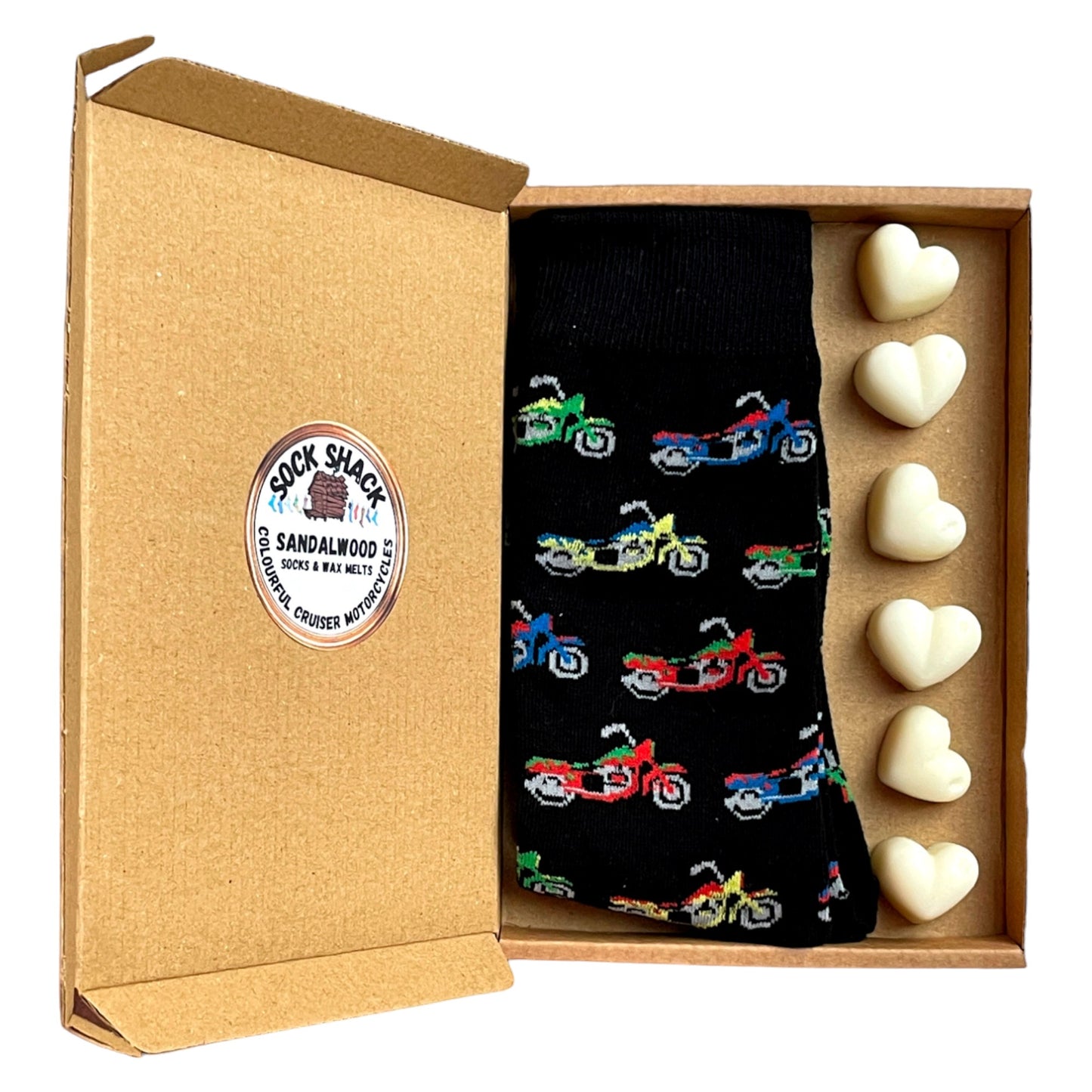 Bunte Cruiser-Motorradsocken für Herren und Duftwachs zum Schmelzen, Geschenkset mit Duftauswahl