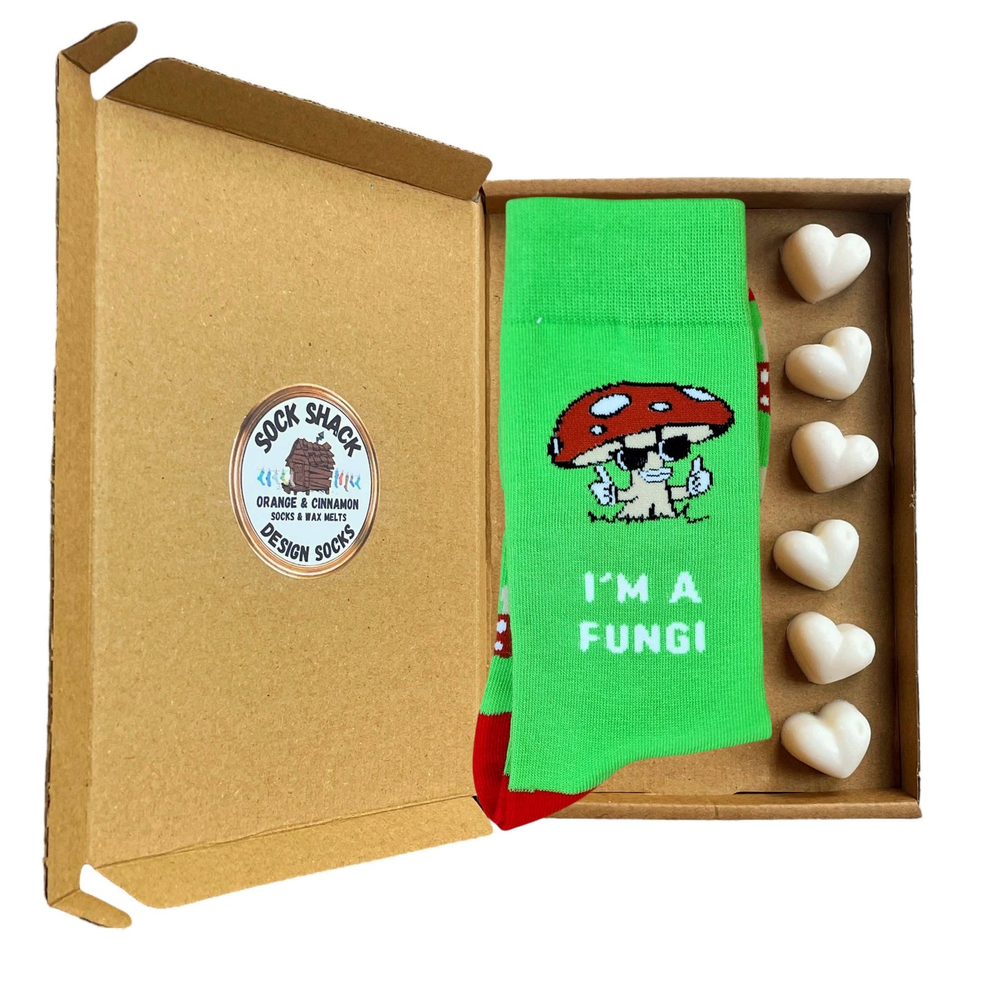 Shroom's Out! "I'm a Fungi" Green Men's Mushroom Socks & Wax Melts Gift Set
