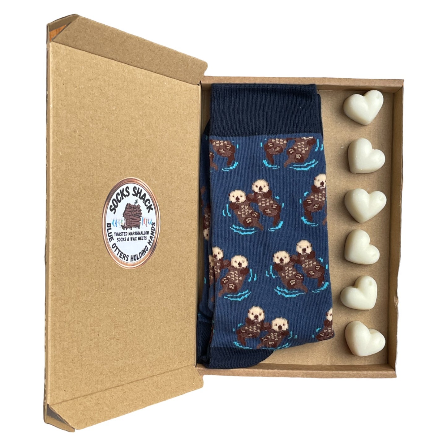 Geschenkset mit Socken und Duftwachs für Damen, Motiv: Blaue Otter im Fluss, die Händchen halten, Duftauswahl