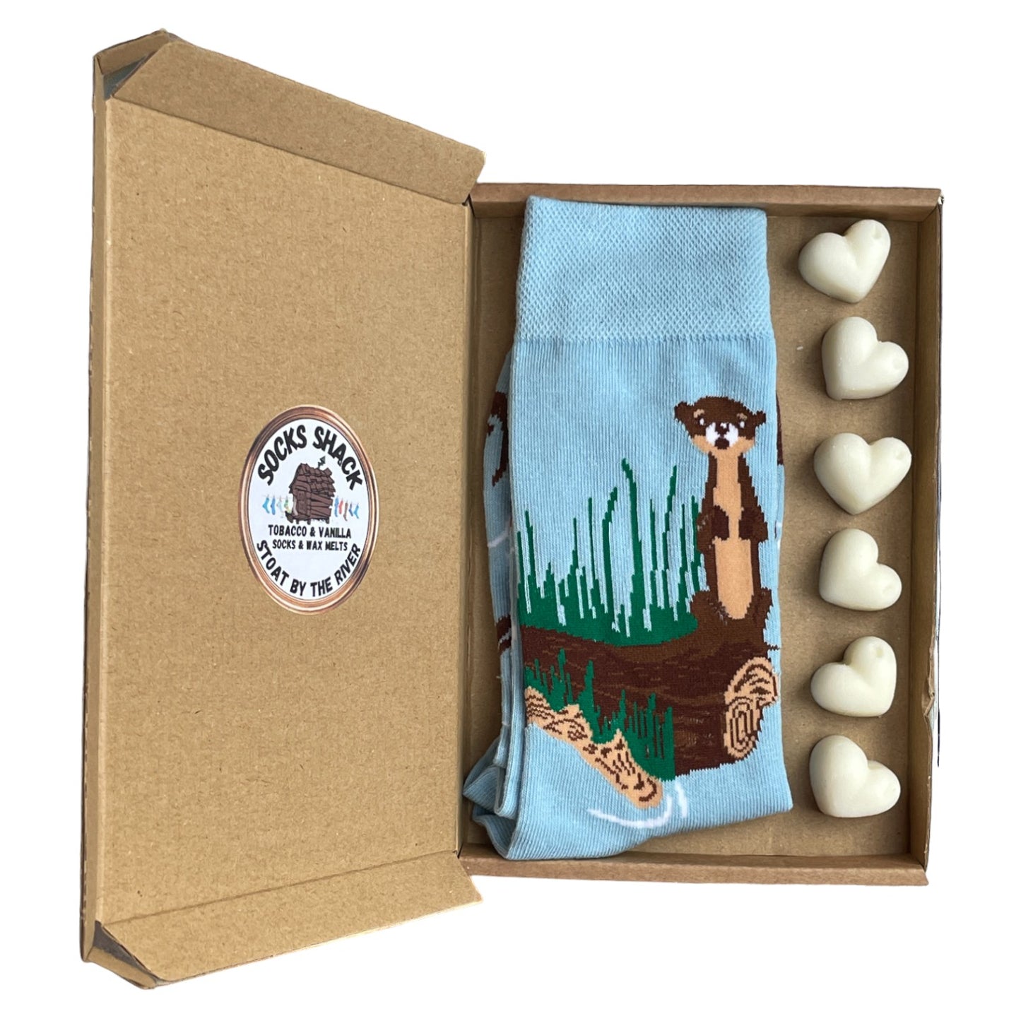 Geschenkset mit Socken und Wachsschmelzen für Herren mit Hermelin-Ermine-Motiv am Fluss, Duftauswahl