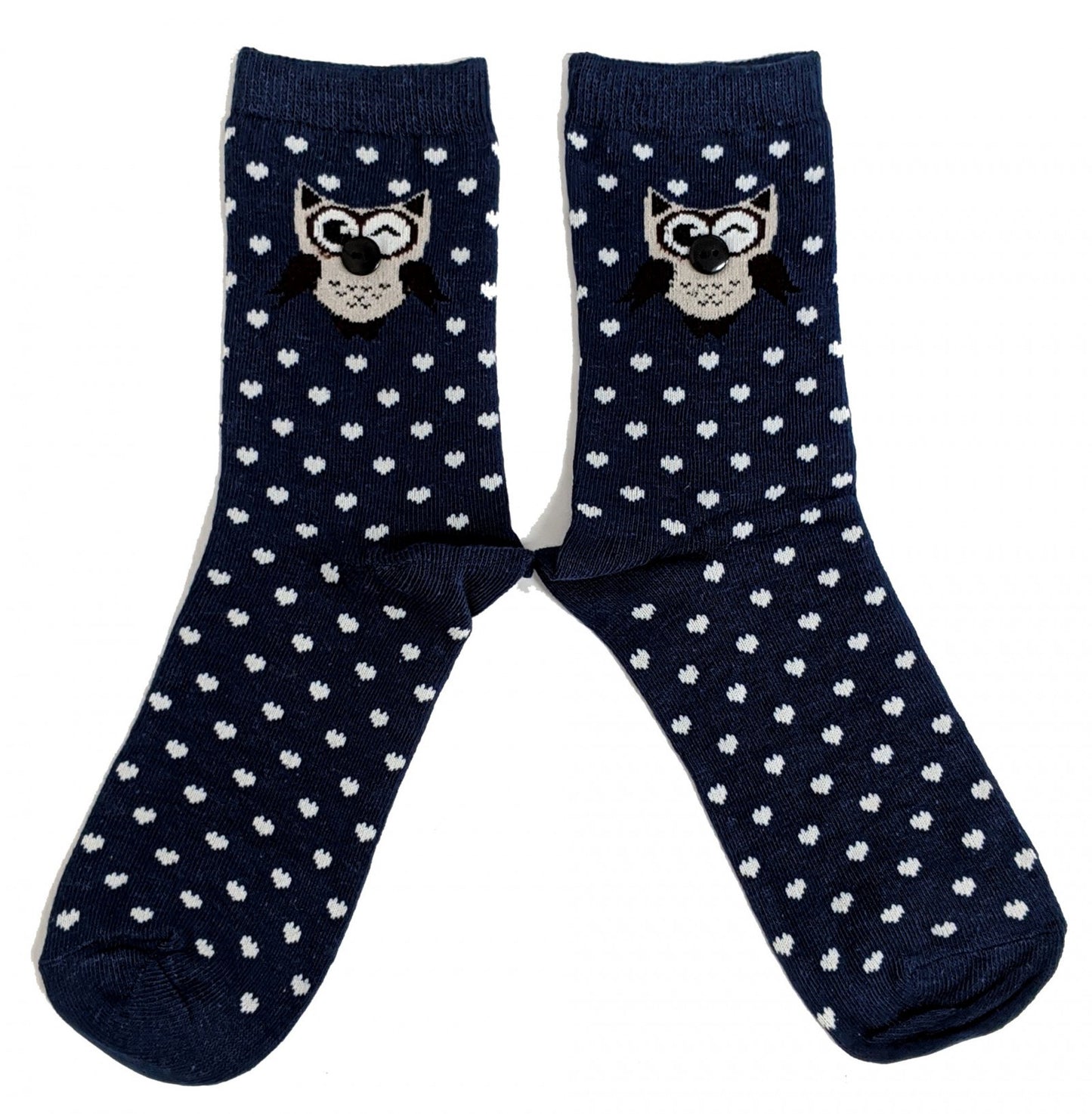 Socken mit Knopfnase und Eule in Mitternachtsblau für Damen
