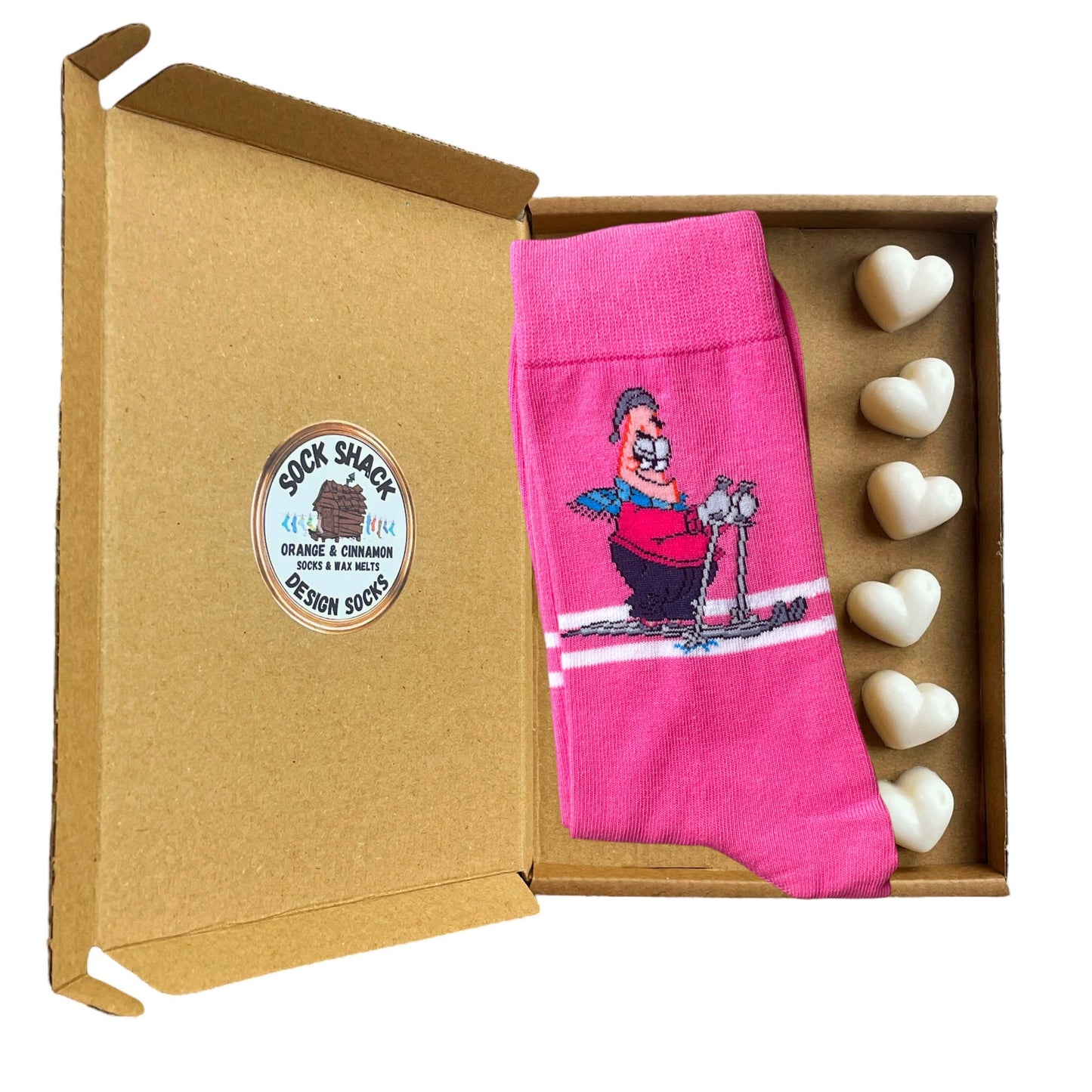 Geschenkset für Herren mit Patrick Star Seestern und rosa Ski-Piste-Socken und Wachs zum Schmelzen, Duftauswahl