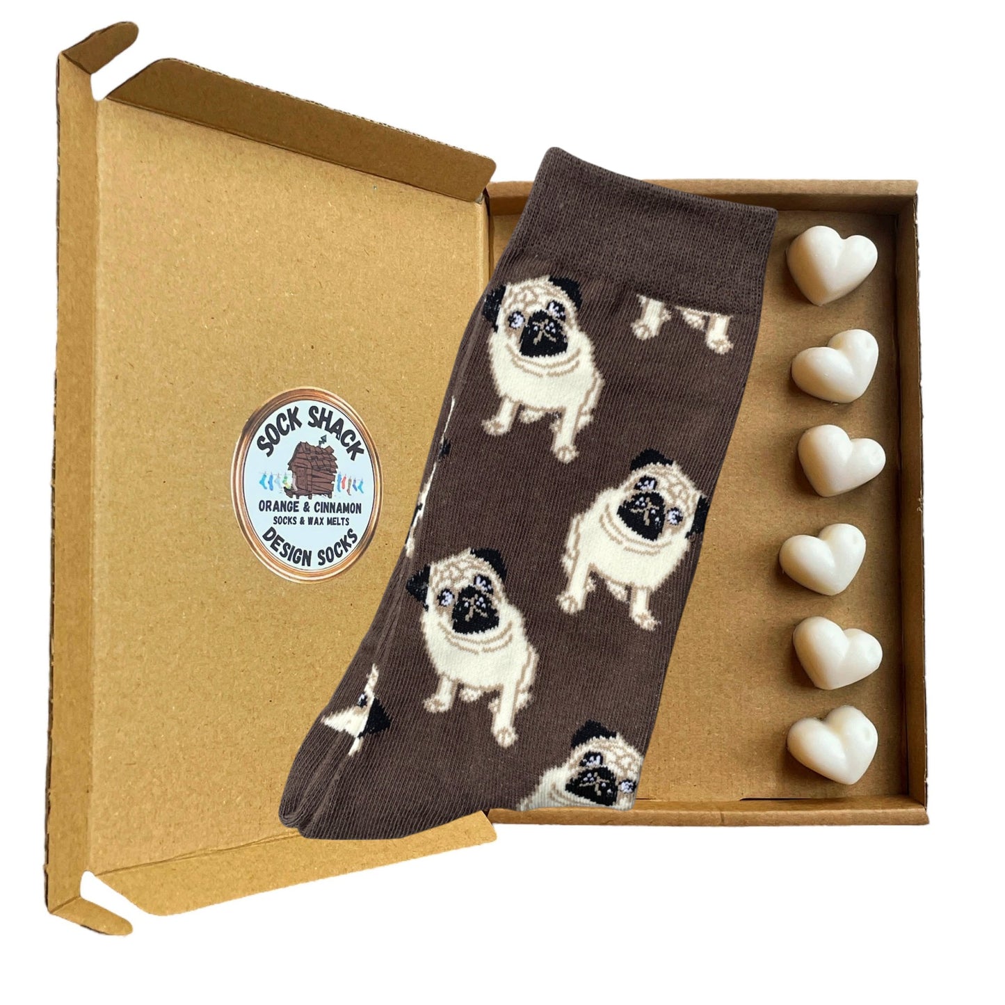 Pugs Everywhere! Brown & Cream Mens Socks & Wax Melts Gift Set Choice Of Fragrance