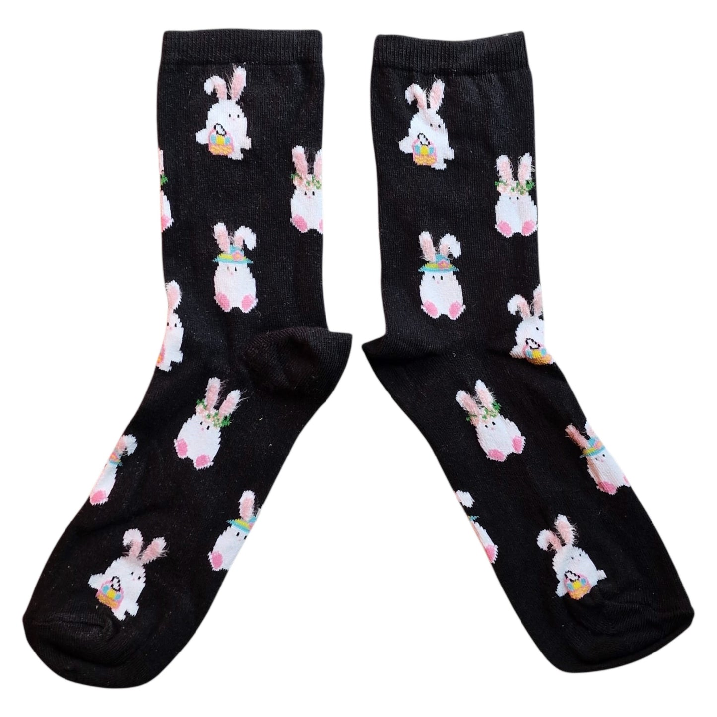 White Easter Bunny Rabbits In Bonnets With Baskets Design Ladies Socks