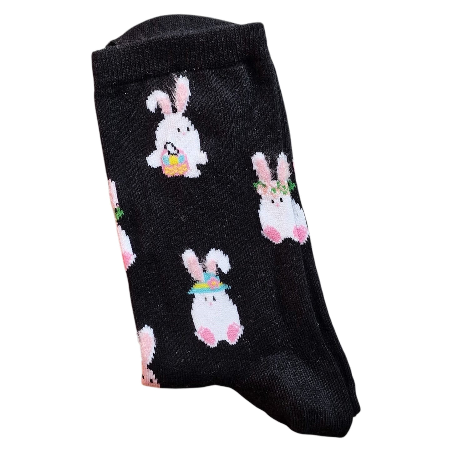 White Easter Bunny Rabbits In Bonnets With Baskets Design Ladies Socks