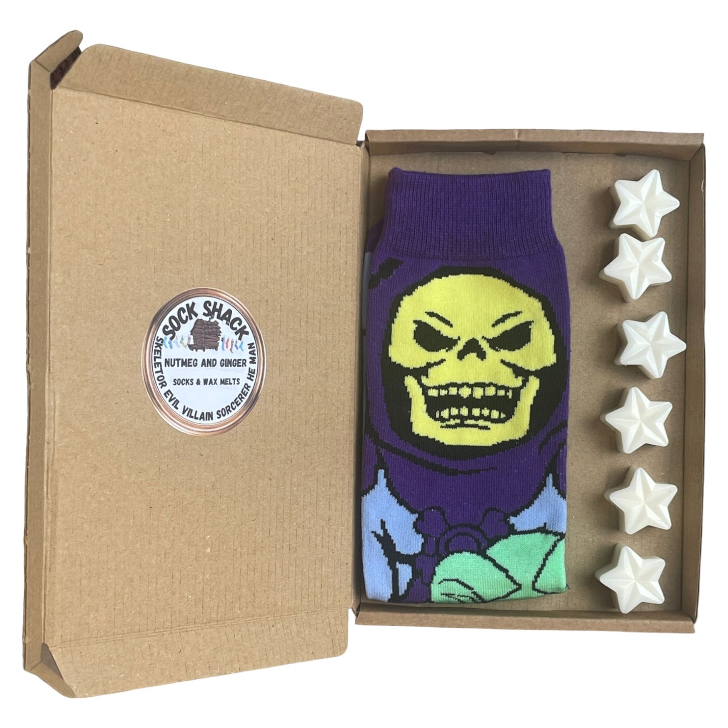 Herren Skeletor Bösewicht Zauberer He Man Socken & Wachs schmilzt Geschenkset Duftauswahl