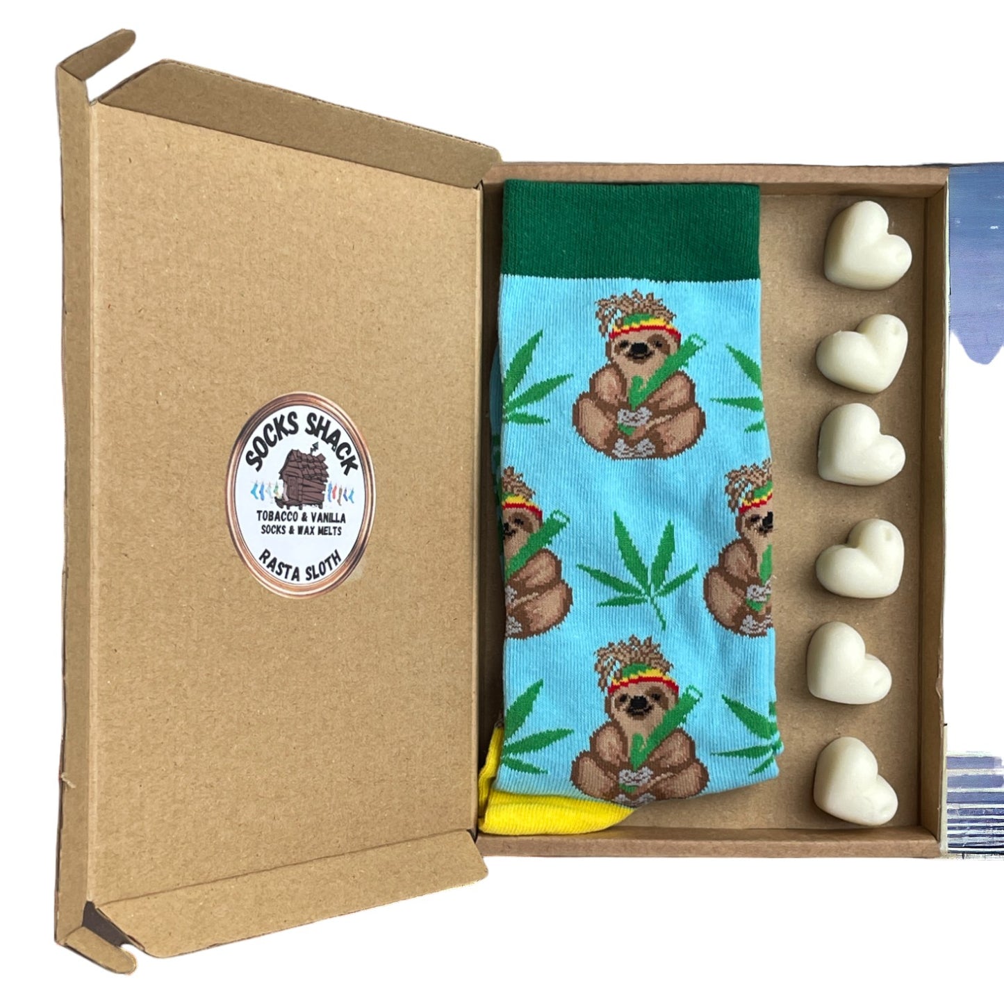 Geschenkset für Herren mit Rasta-Faultier und jamaikanischen Faultiersocken und Wachsschmelzen, Duftauswahl