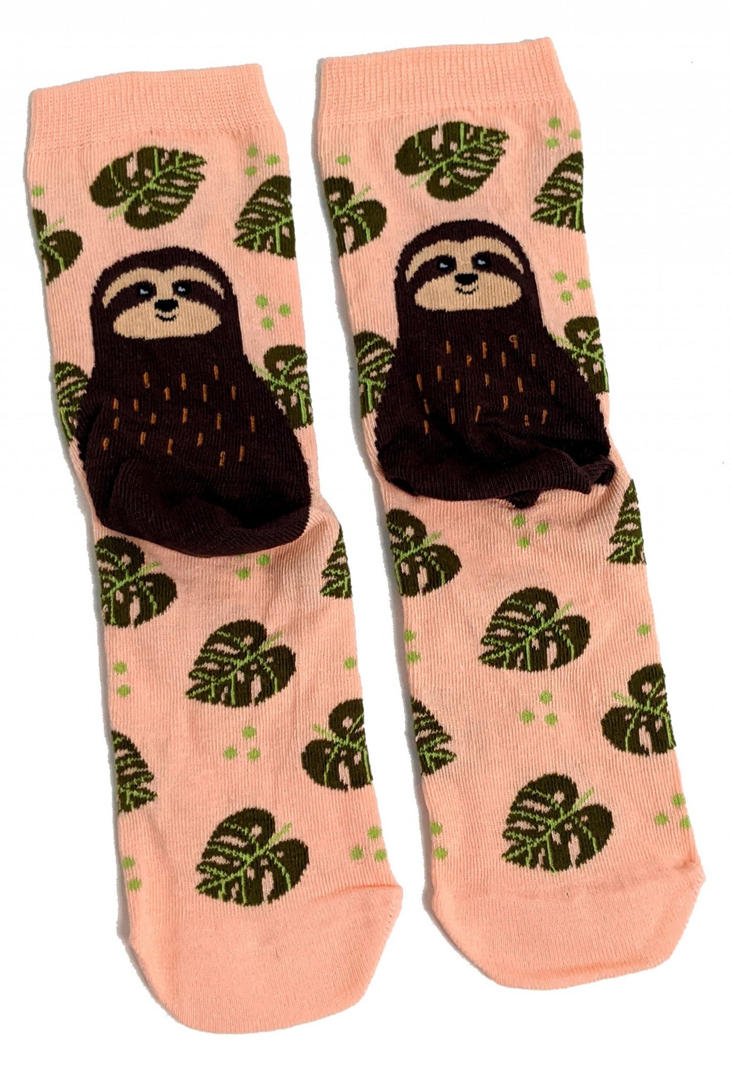 Damensocken mit verstecktem Faultier und Blättern auf der Ferse