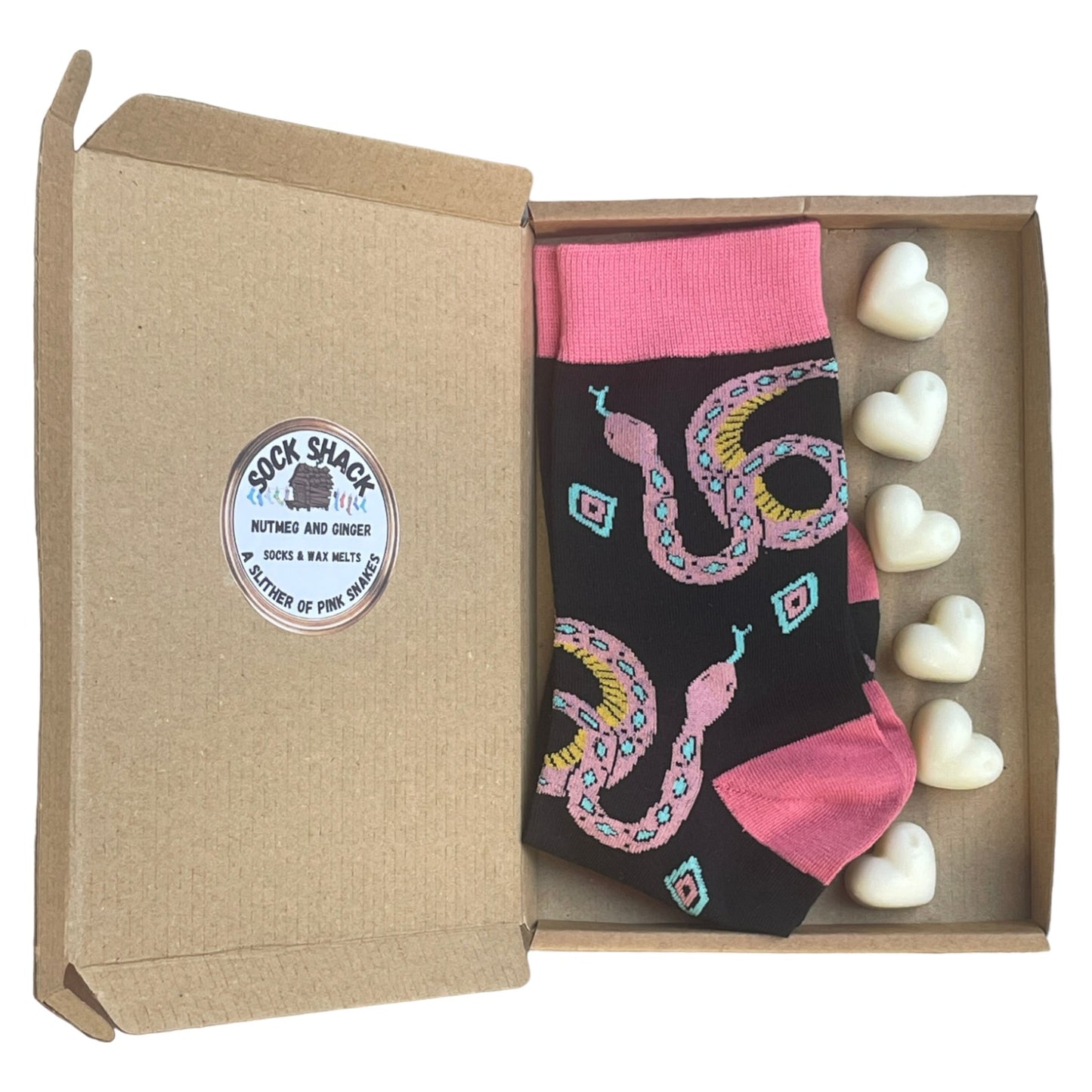 Geschenkset „A Slither Of Pink Snakes“ für Damen, schwarze Socken und Duftwachs, Duftauswahl