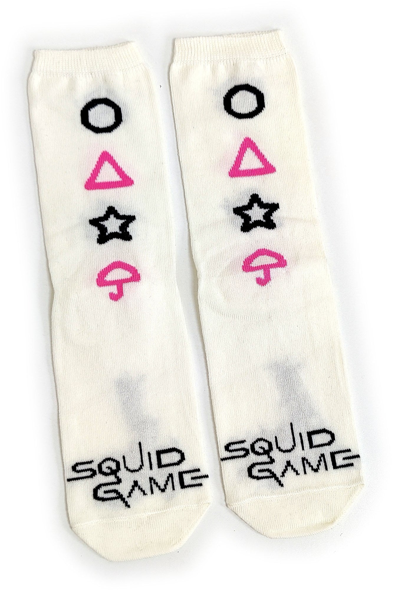 Damensocken mit weißen Symbolen im Squid Game-Design