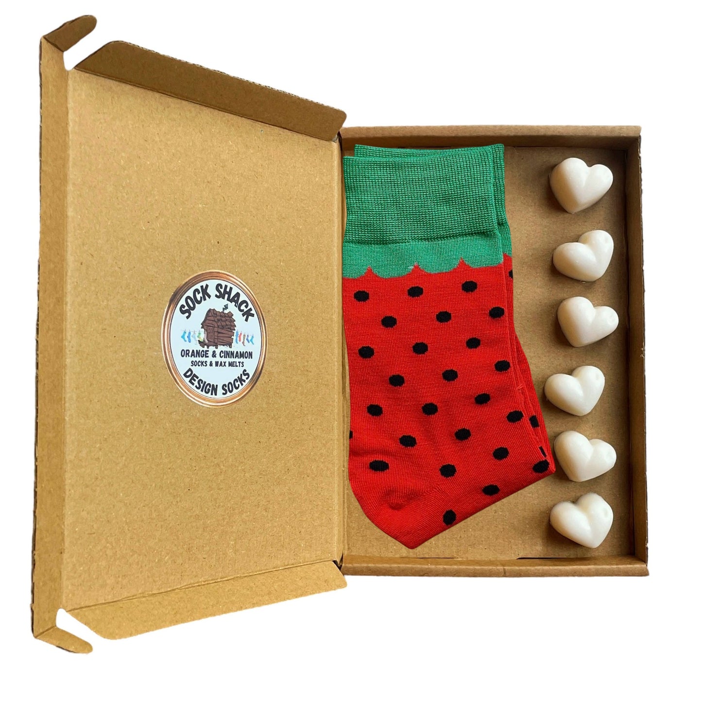 Dotty Strawberry Red Green Fruit Pattern Ladies Socks & Wax Melts Gift Set